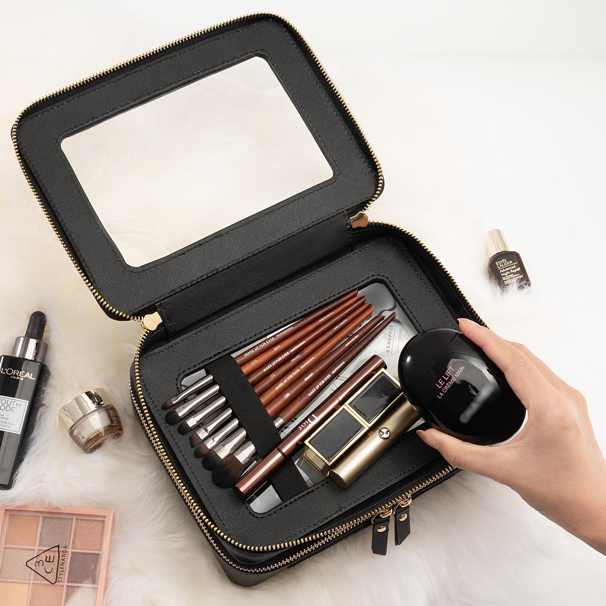 Aveniee Aveniee Clear Makeup Bags, Double Layer Cosmetic Bags with a Separate Brush Compartment, Travel Toiletry Bag Train Case for Women, Travel Accessories Organizer for Purse(2 Layers Large, Black)