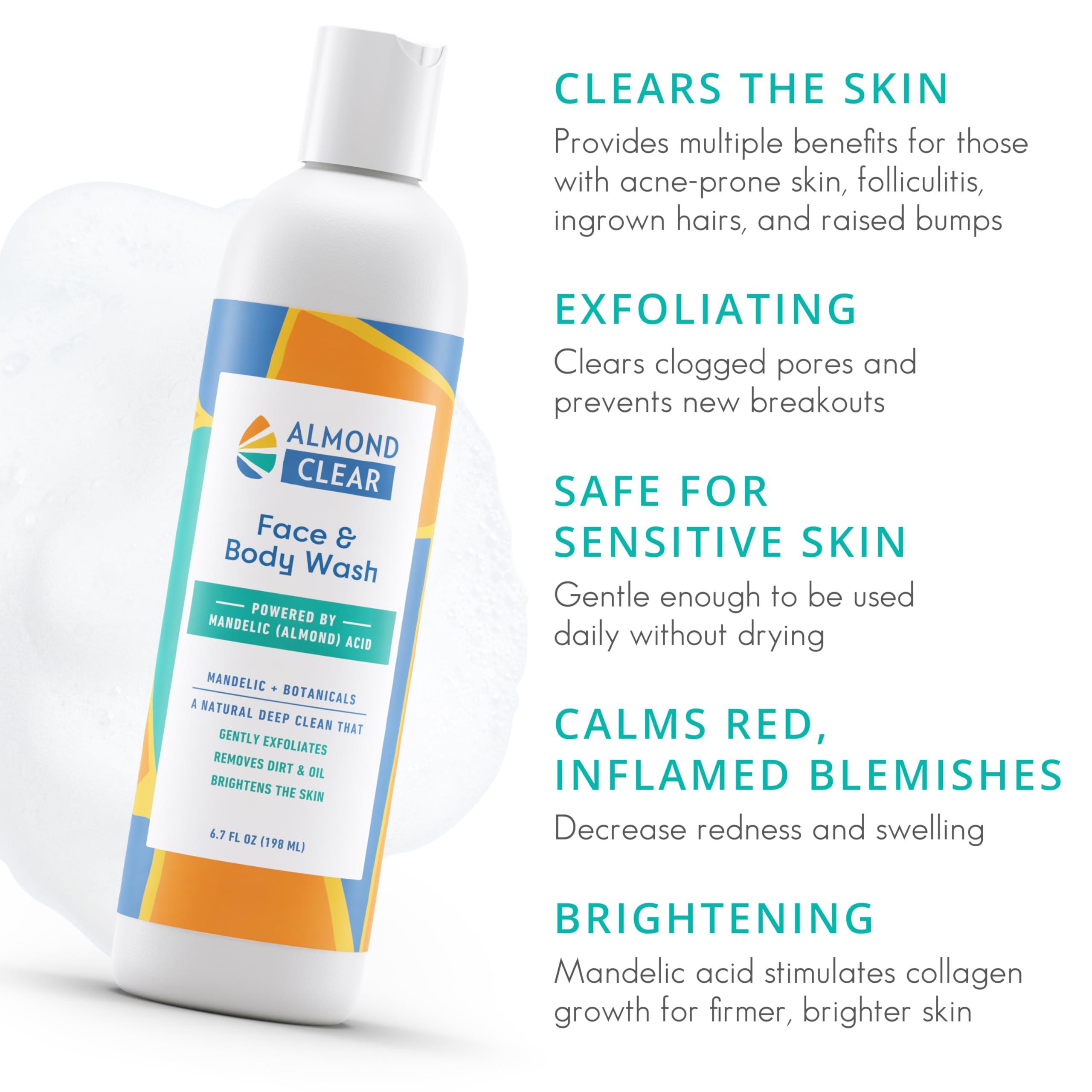 Almond Clear Almond Clear Face & Body Wash | Skin Care for Acne and Folliculitis-Prone Skin - Gentle Acne Face & Body Wash, Exfoliating Cleanser with Mandelic Acid | 17.25 oz
