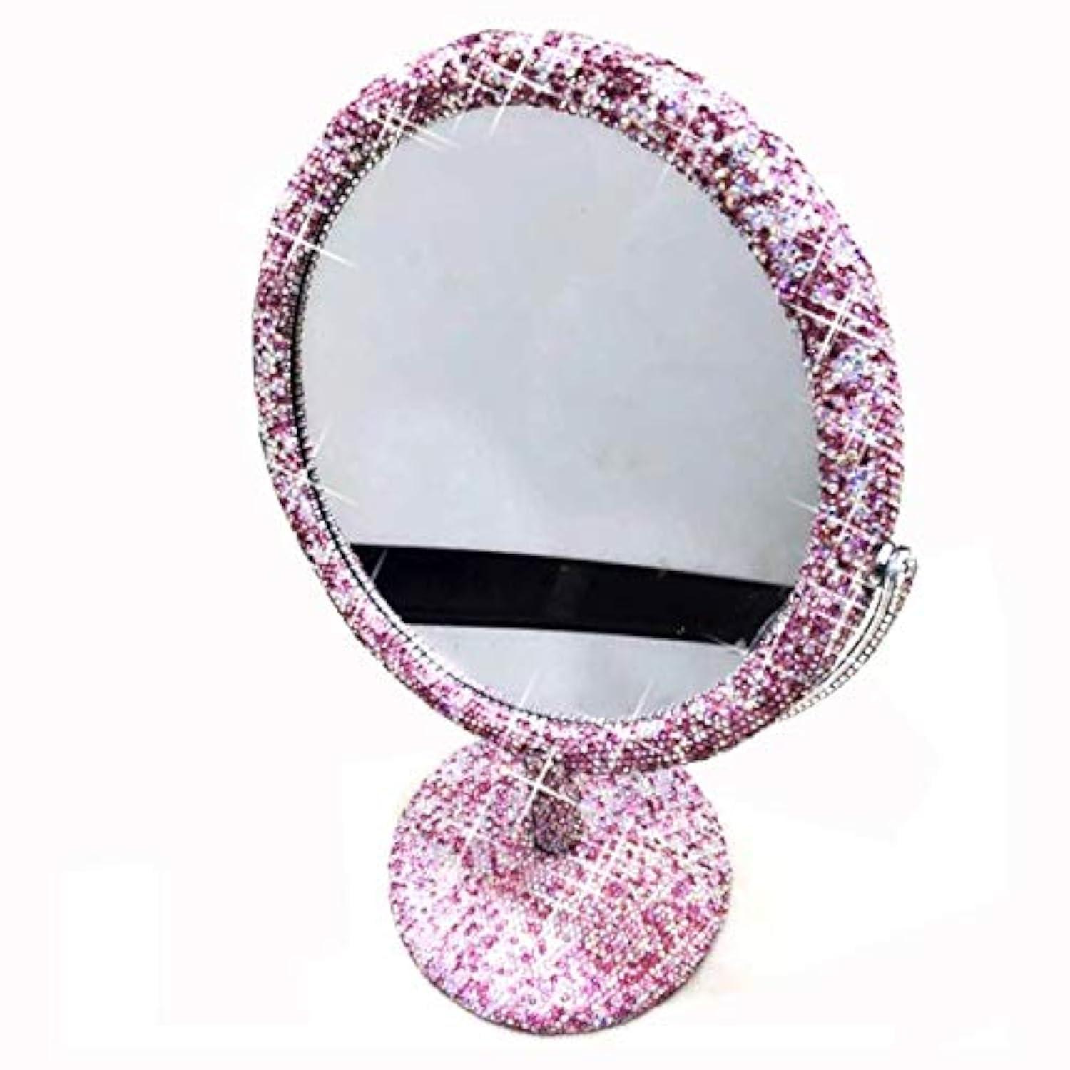 Bestbling Bestbling Bling Rhinestone Portable Magnified Double Sided Swivel Makeup Vanity Mirror, 360°Rotate Makeup Mirror Round Shaped Two-Sided Makeup Mirror (Pink)