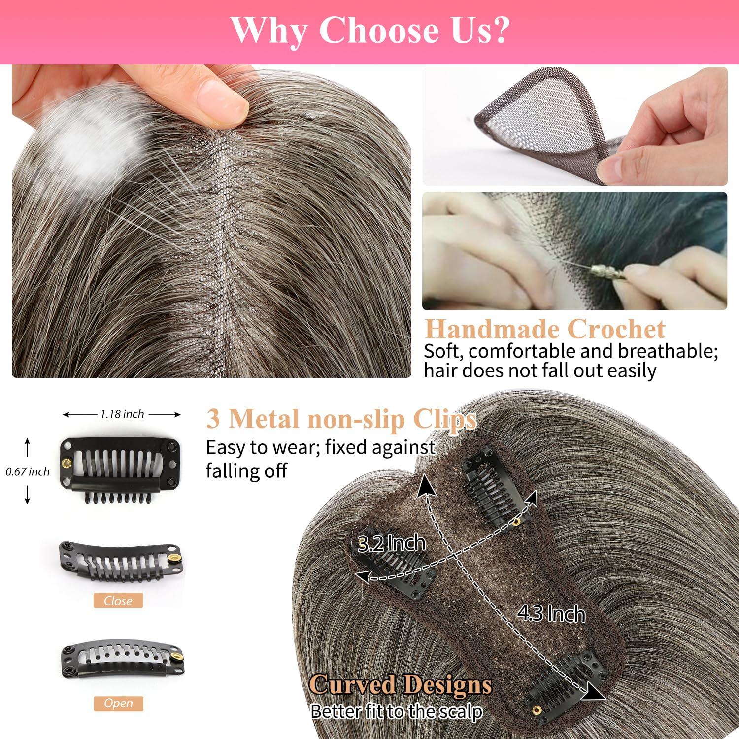 Uaismewow Uaismewow Hair Toppers for Women Gray Hair Toppers for Women 100% Remy Human Hair Grey Hair Toppers for Women with Thinning Hair Clip in Hair Toppers Short Hair Pieces for Women Real Hair Toppers Grey