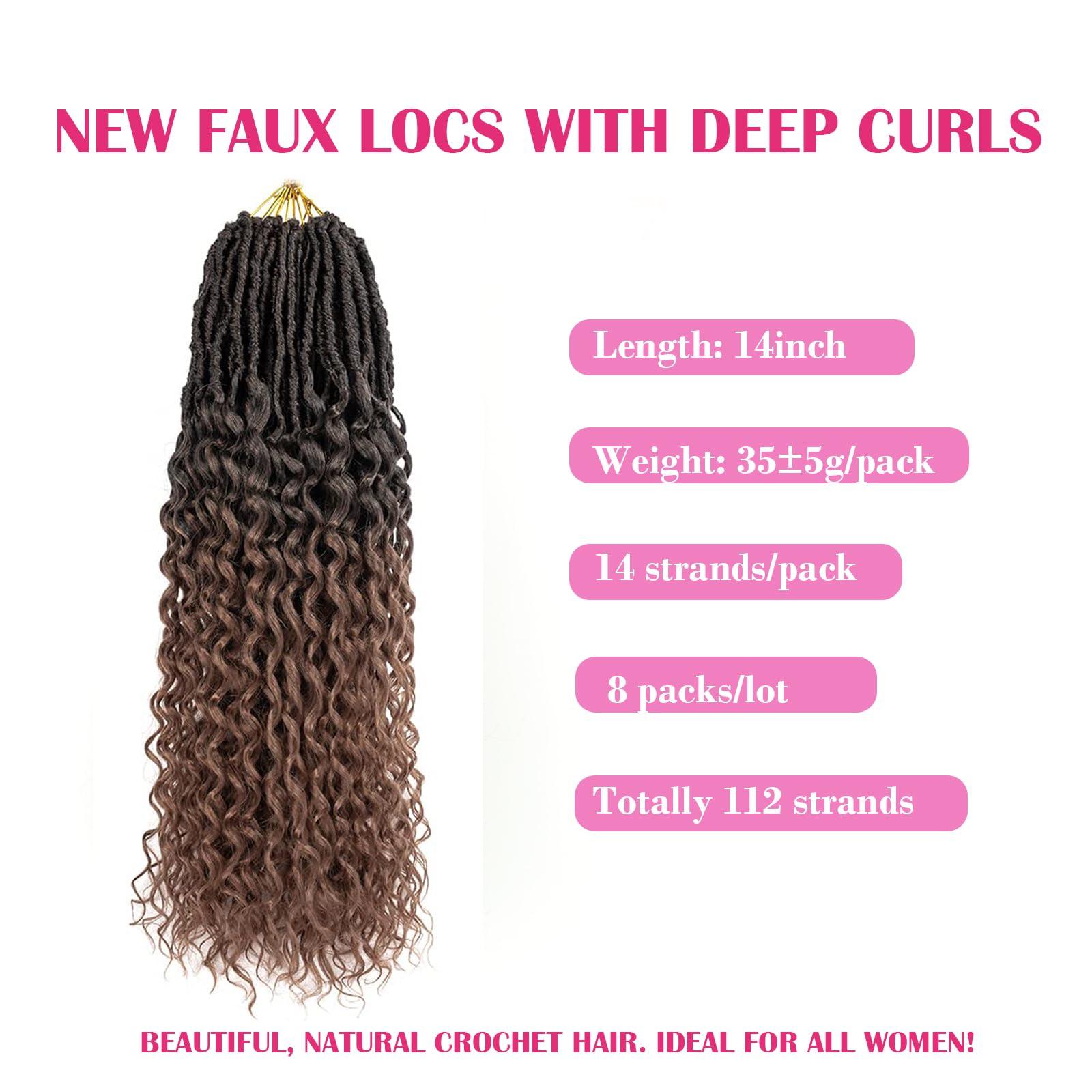 THEMIS HAIR New Faux Locs Crochet Hair With Curly Ends 14 Inch 8 Packs Ombre Goddess Locs Pre Looped Crochet Braids Deep Waves Distressed Soft Locs Synthetic Hair Extensions For Black Women14inch1B30