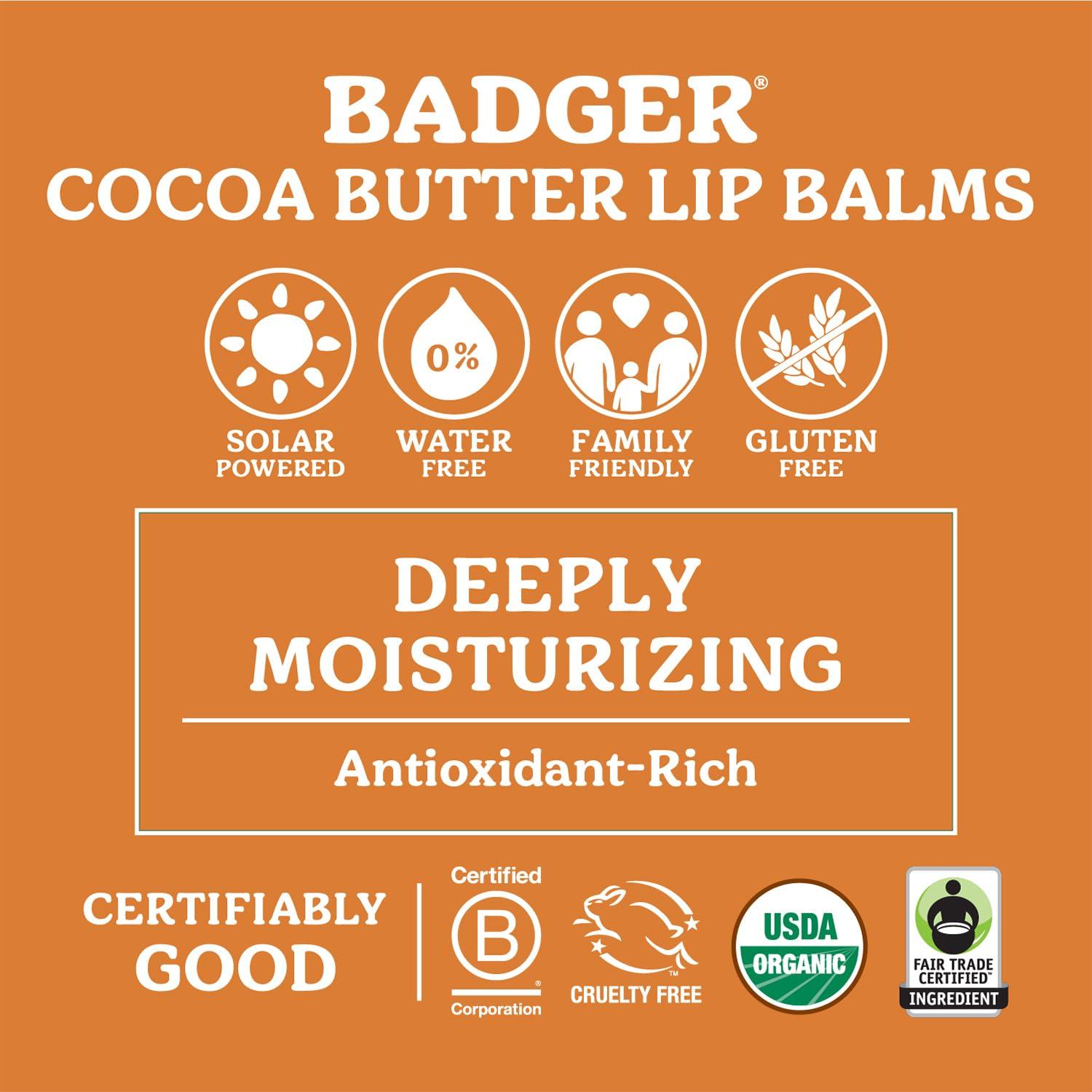 Badger Badger - Cocoa Butter Lip Balm, Sweet Orange, Certified Organic Lip Balm, Fair Trade, Lip Butter, Lip Balm Cocoa Butter, Cocoa Care Lip Balm, 0.25 oz (4 Pack)