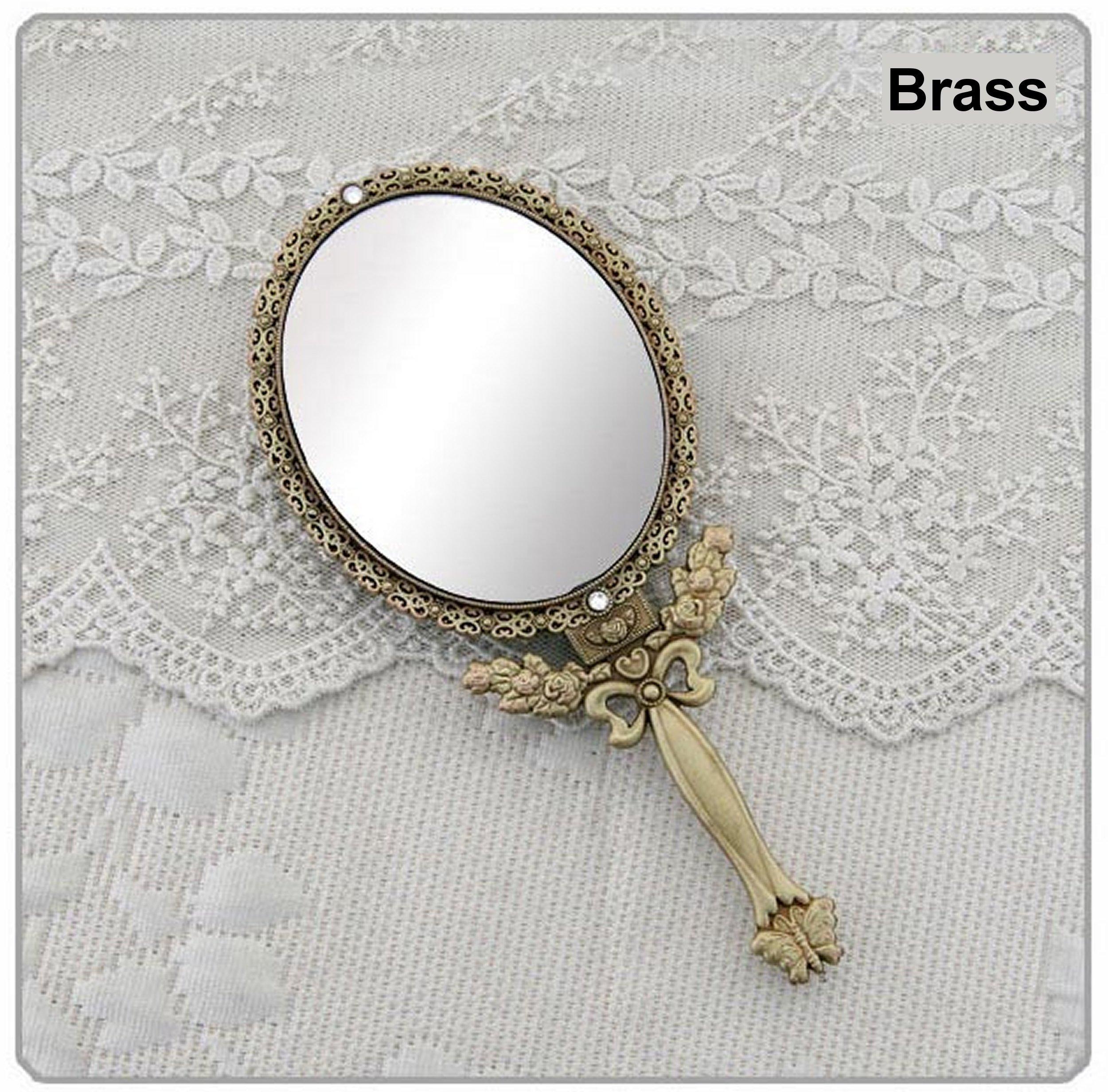 HI Industry SEHAMANO Butterfly Designed Double Sided Magnification Hand Held Makeup Metal Mirror Folding Handle Stand Travel Mirror (Medium, Brass)