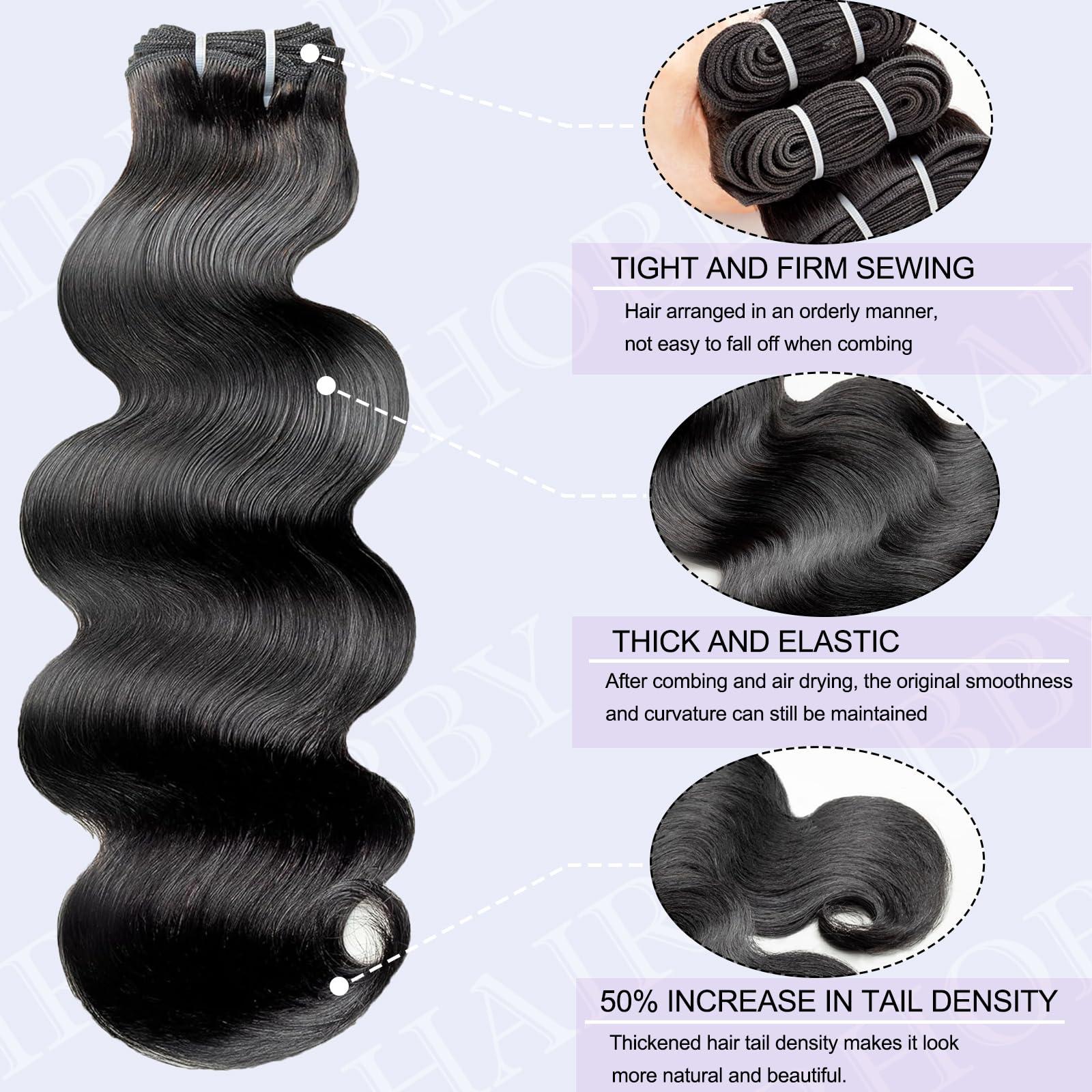 HAIRHOBBY RAW Body Wave Bundles Human Hair, 16 18 20 Inch Virgin Hair Bundles 100% Unprocessed Indian Wavy Bundles Hair Extensions 3 Loose Wave Bundles Natural Black, Triple Lifespan Than Regular Virgin Hair