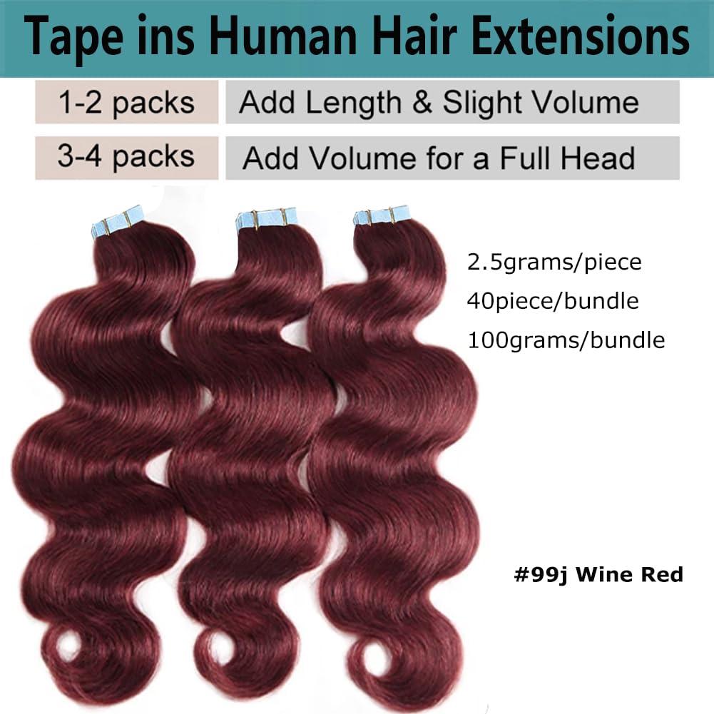 Kiss darling LASHES 40pcs 22inch 100g Tape in Hair Extensions Human Hair 99j Burgundy Tape in Hair Extensions for Women Wine Red Body Wave Tape Ins Invisible Seamless Glue in Hair