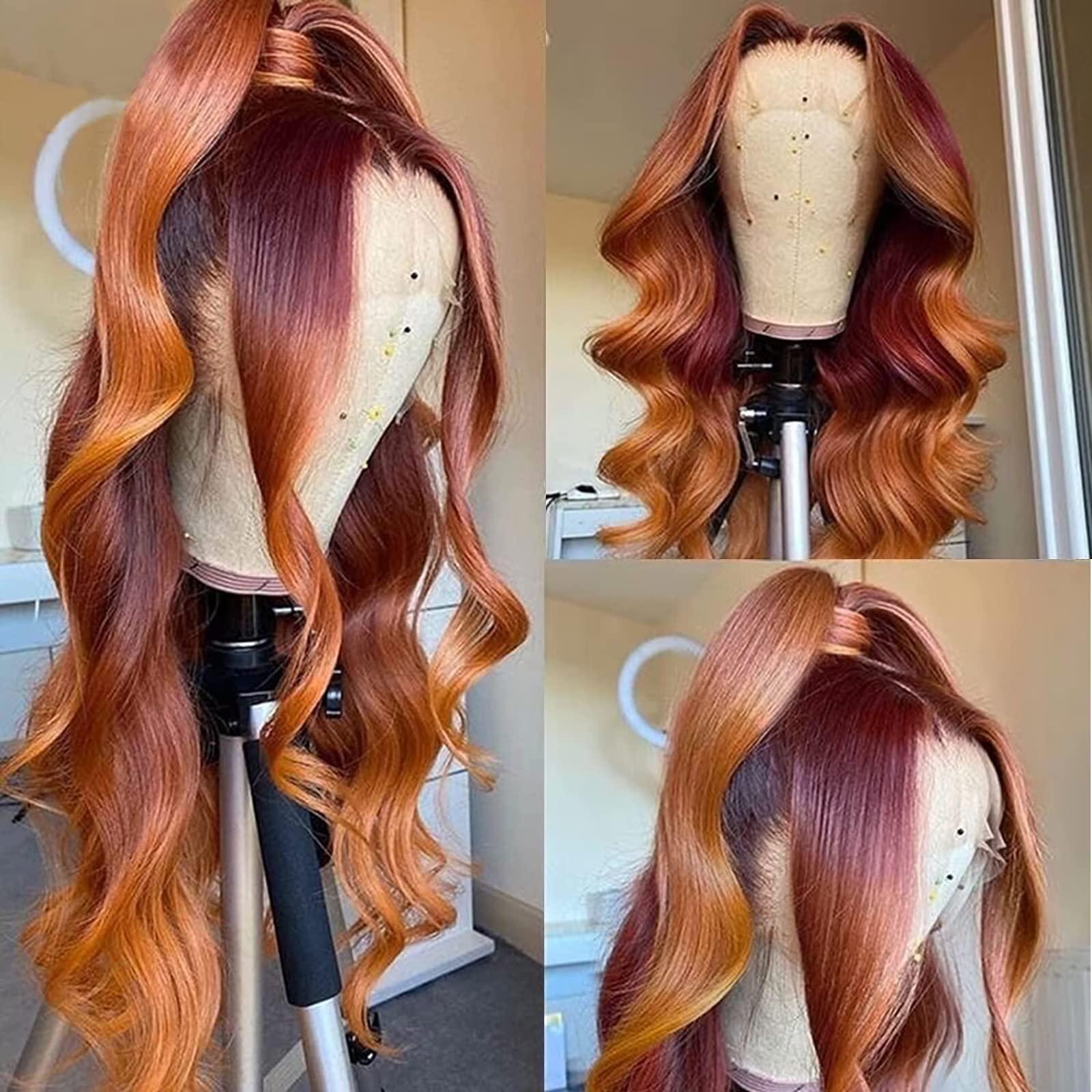 haha haha Orange Red Ombre Wig Human Hair Ginger Highlight Ombre Lace Front Wigs Body Wave Lace Frontal Wig 13x4 Burgundy Ginger Skunk Stripe Lace Front Wig Pre Plucked 150% Density 24 Inch