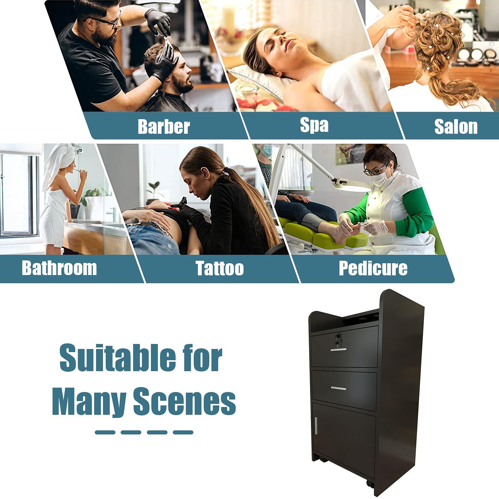 Goujxcy Goujxcy Barber Salon Station for Hair Stylist, Black Salon Barber Storage Cabinet Hair Station, Space-saving Salon Cabinets, Salon Beauty Equipment with 2 Drawers,1 Door,3 Hair Dryer