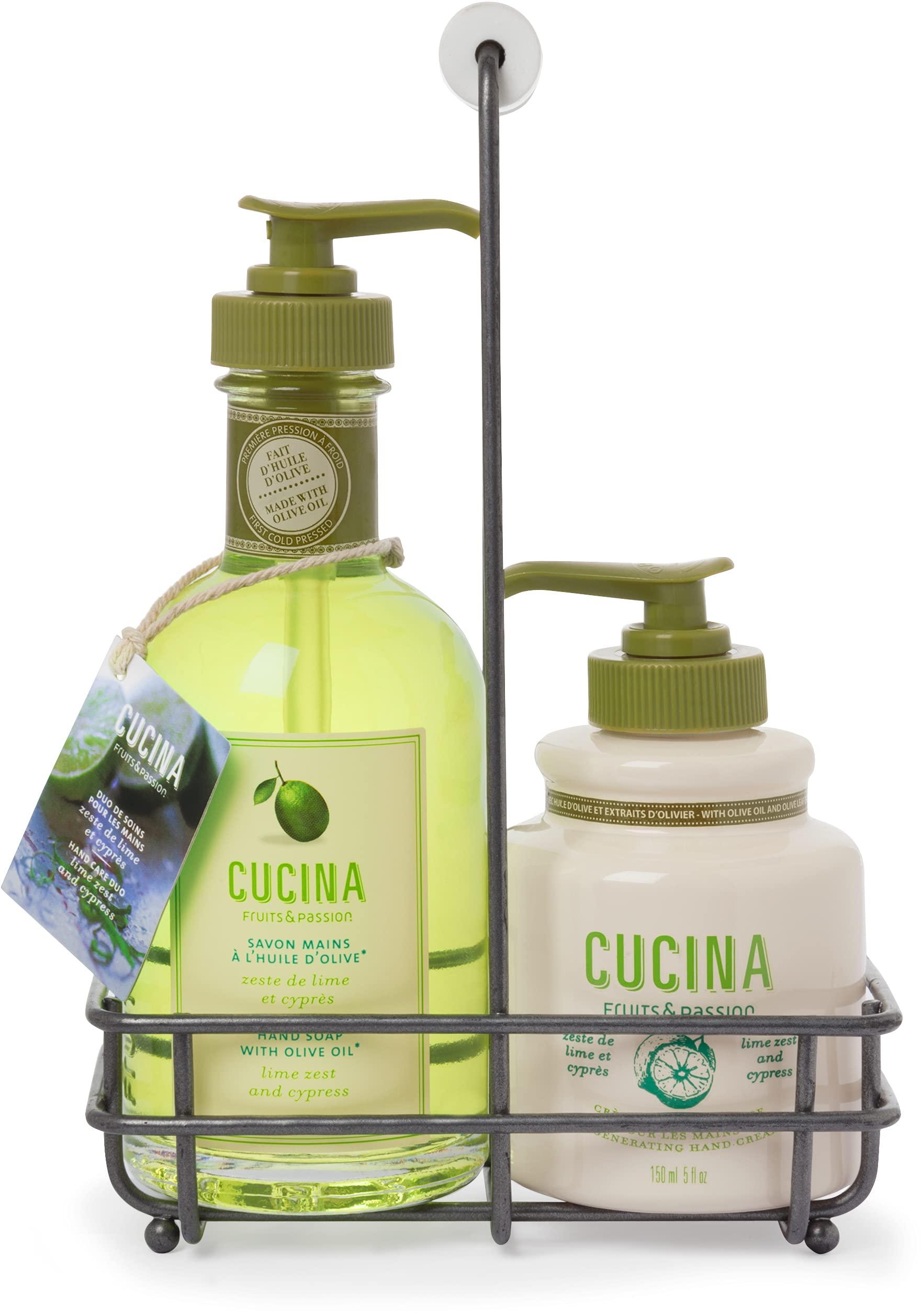 Fruits and Passion Fruits & Passion [Cucina] - Lime Zest & Cypress Tree Hand Care Duo Caddy Gift Set | Liquid Hand Soap Wash (5.1 oz) with Hand Cream Lotion (6.8 oz)