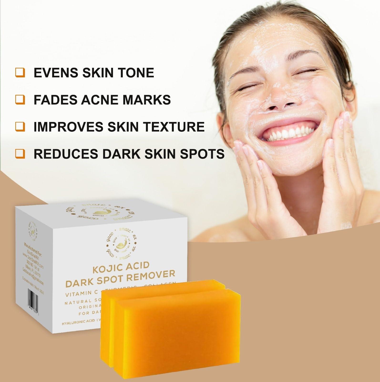 GoldSnailRX GoldSnailRX KOJIC ACID SOAP Original Dark Spot Remover (PACK OF 2 W/BAG) Authentic Kojic Acid Soap For Body Whitening-Kojic Acid Soap with Vitamin C,Tumeric, infused w/Hyaluronic Acid,Shea Butter