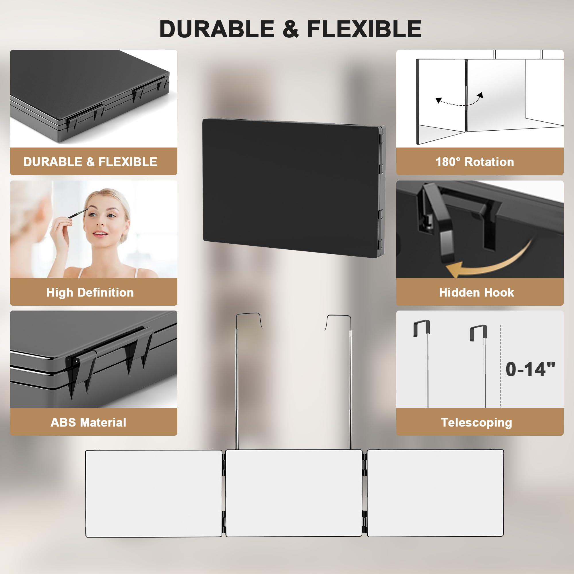 DC DICLASSE 3 Way Haircut Mirror, Three Sided Barber Mirror with Adjustable Telescoping Hooks, 360 Trifold Mirror to See Back of Head for Self Hair Cutting, Makeup, Braiding, Shaver, Hair Dyeing (Black)