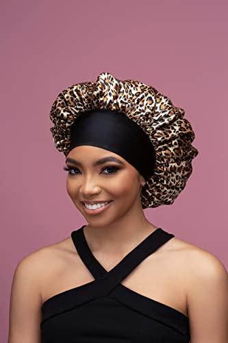 Thank God It's Natural tgin Slip Free Satin Bonnet for Women - Protective - Wavy - Natural Hair - Curly Hair - 3 Pack (Pink, Black, Leopard Print)