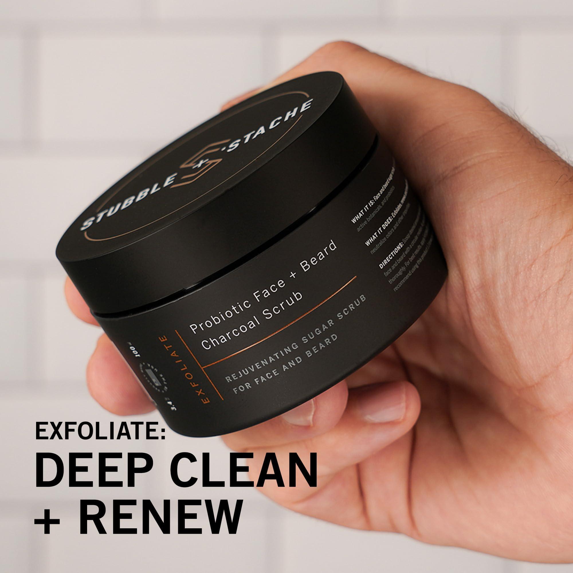 stubble & stache stubble & stache Exfoliating Probiotic Face & Beard Charcoal Sugar Scrub for Men - Deep Cleanse, Pre-Shave Wash, Natural Pore Minimizing Scrub for Daily Use - 3.4 fl oz