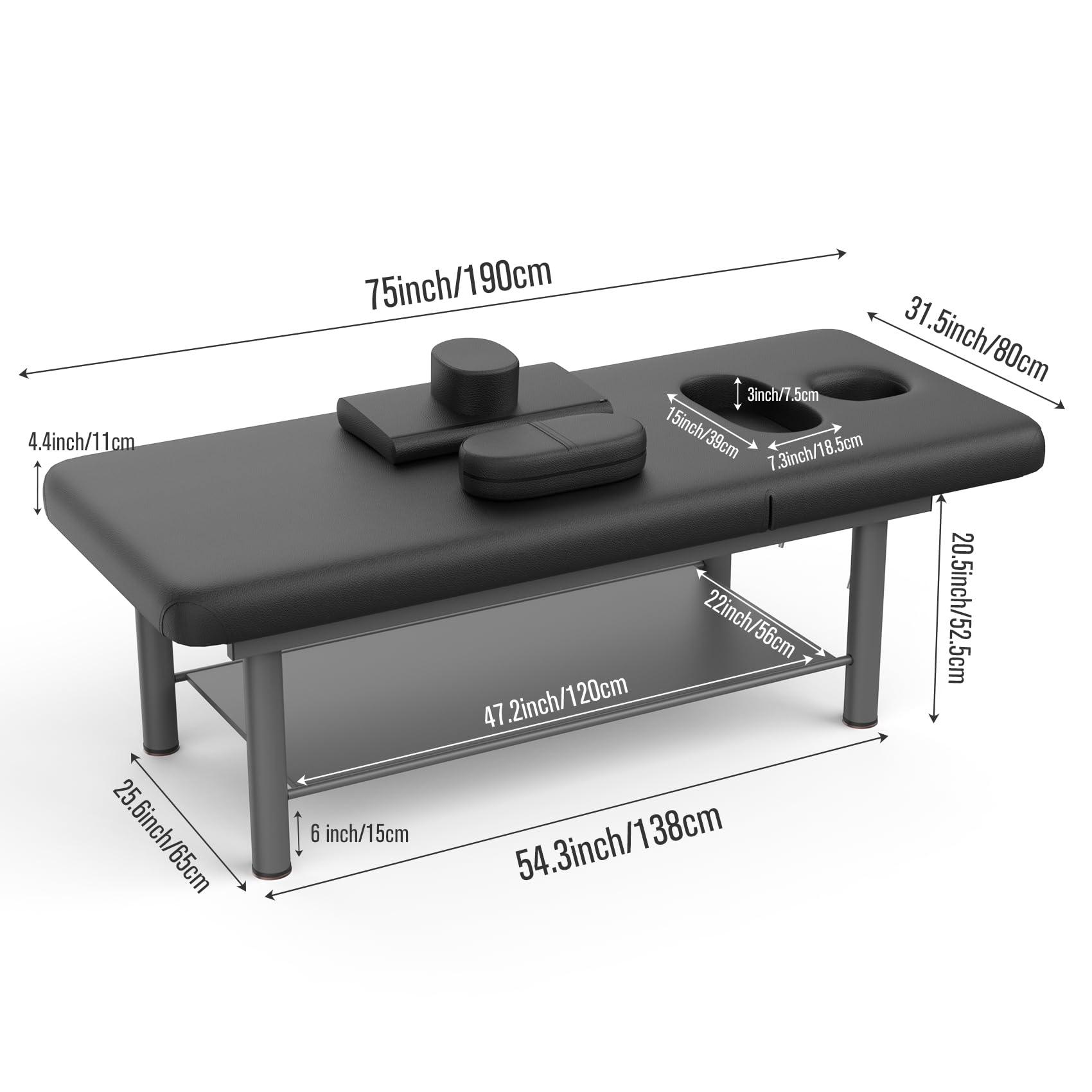 pouseayar pouseayar Heavy Duty Professional Stationary Massage Bed Wide Stationary Massage Table with Backrest for Treatment Table Physical Therapy Table Facial Bed, Metal Frame PU Leather