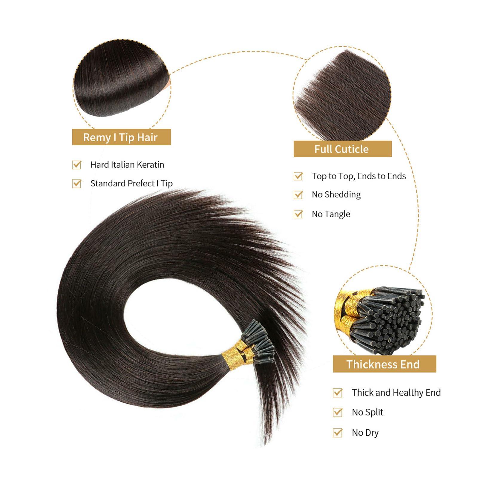 RIBONI I Tip Human Hair Extensions Keratin Cold Fusion Human Hair Extensions Pre Bonded I Tip Natural Hair Extensions Human Hair 100g 0.5g/1s Remy I Tip Human Hair Extensions