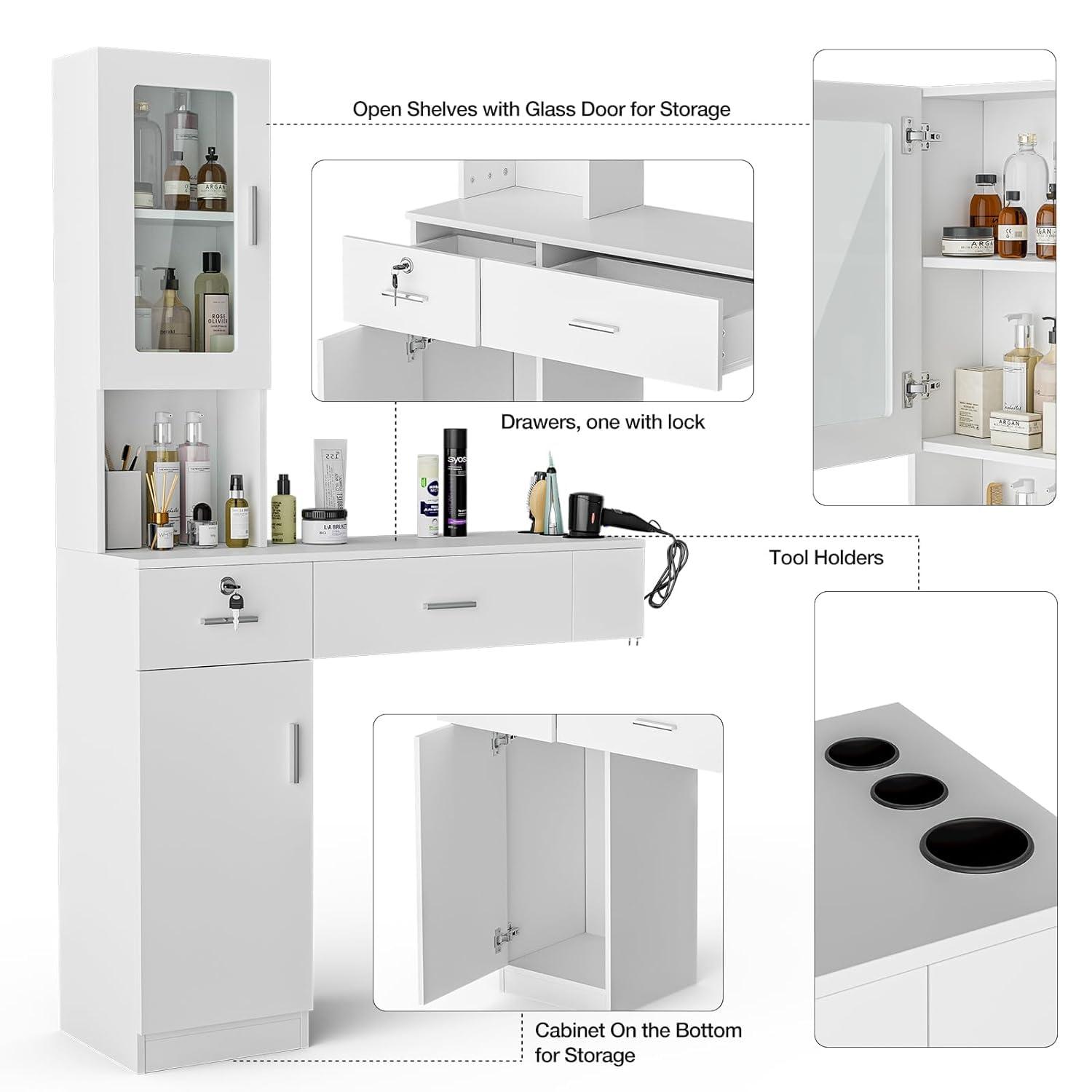 LNRLZYLS LNRLZYLS Barber Salon Station, Wall Mounted Barber Workstation, Home Beauty Salon Set with Storage Cabinet, 2 Drawers and 3 Open Shelves with Glass Doors White