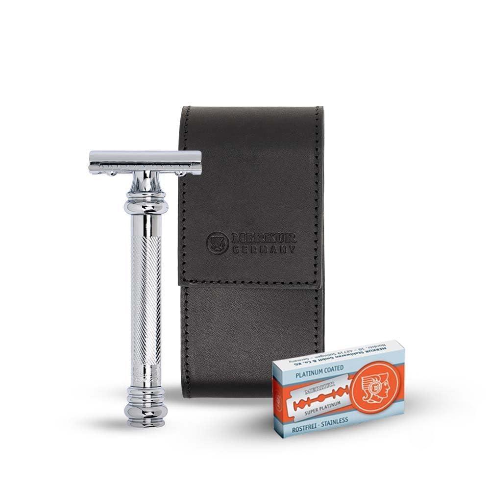 MERKUR MERKUR 5004 Travel Shaving Set featuring MERKUR 38C Two-piece Safety Razor with Long Handle & Bright Chrome Finish, 10 Double Edge Blades & Black Leather Case | Made In Germany