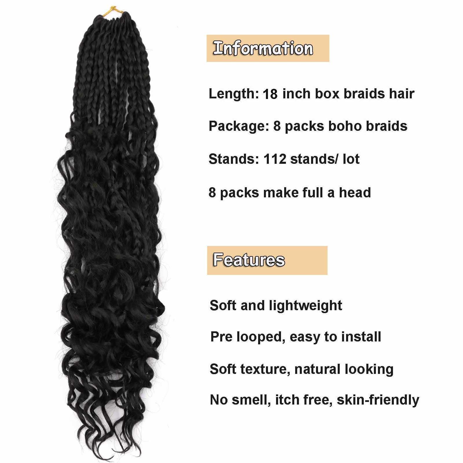 Mytarku 8 Packs Box Braids Crochet Hair 18 Inch Crochet Box Braids with Curly Ends Boho Braids Bohemian Box Braid Hair for Women (1B, 18 inch 8 pack)