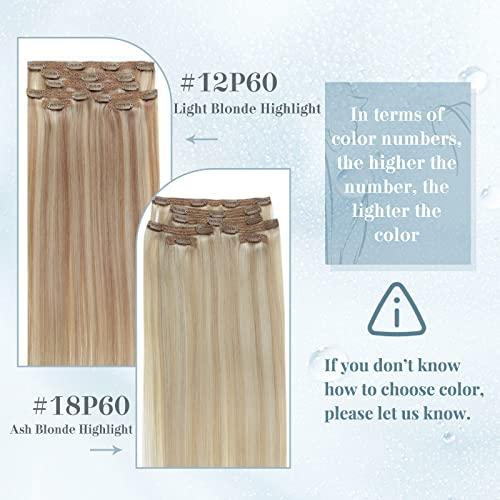 RUNATURE Blonde Hair Extensions Clip in Human Hair Highlighted Platinum Blonde Real Clip in Human Hair Extensions #18P60 and #60 14 Inch 105g