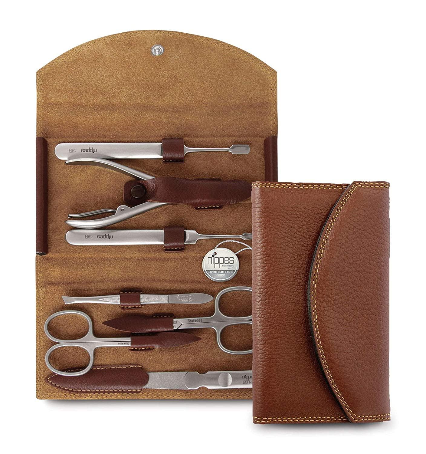 Nippes Nippes Solingen Manicure Set, 7-Piece, Stainless Steel, Nickel-Free, Genuine Brown Cowhide Leather Case Made In Solingen Germany