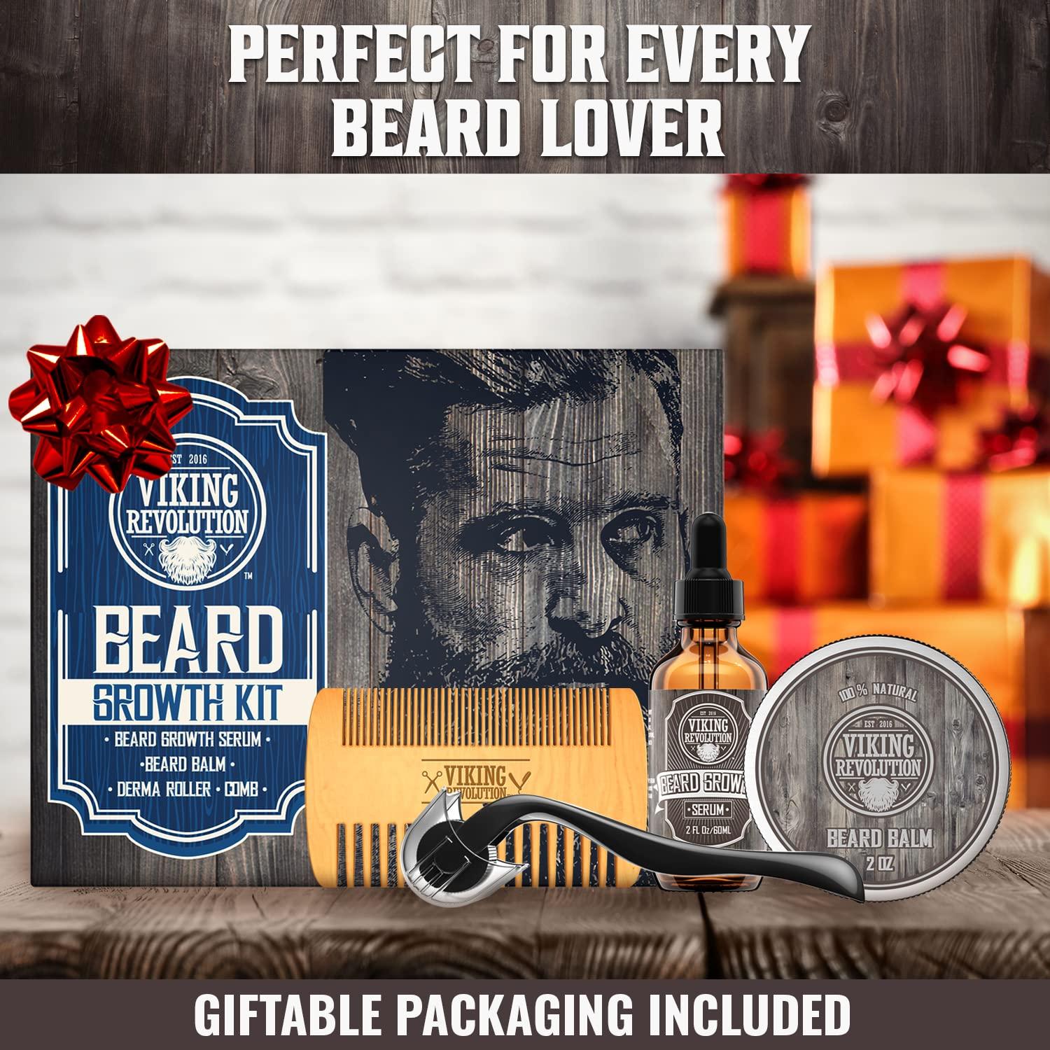 Viking Revolution Beard Growth Kit - Oil, Balm, Serum, Derma Roller & Wooden Comb for Beard & Mustache Growth