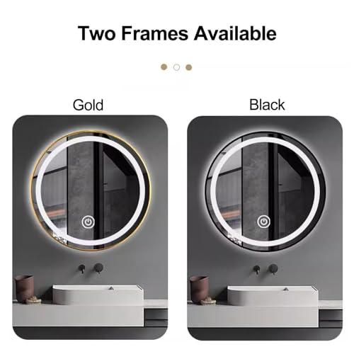 COMPR Mirror with Lights, Led Bathroom Mirror, Led Gold Frame Round Mirror, Wall Mounted Lighted Vanity Mirror, 3 Colors, Memory Function (Color : Gold, Size : 60cm)