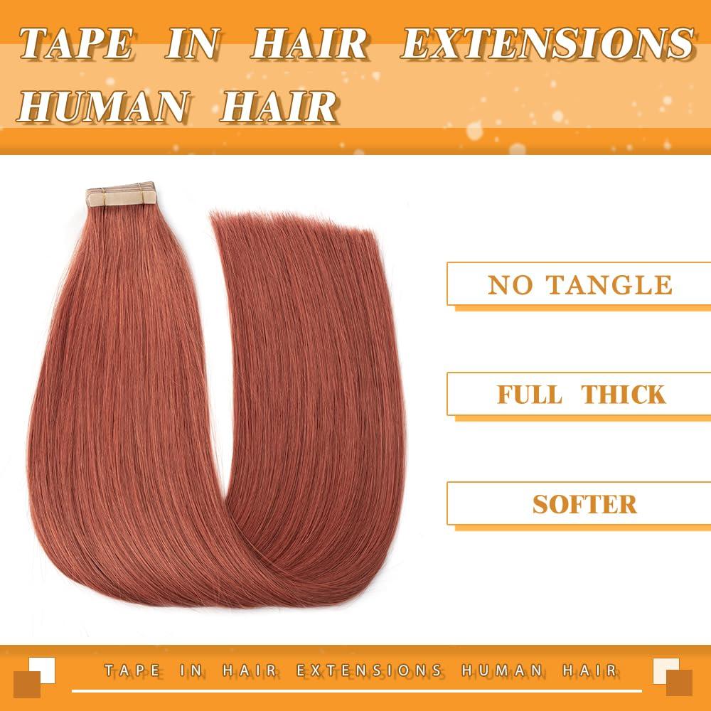 YDDM Tape in Hair Extensions Human Hair, Copper 20pcs 18 Inch Tape Ins for Women Human Hair Extensions Tape in Straight Seamless Skin Weft Remy Tape in Hair Extensions (350#, 18 Inch)