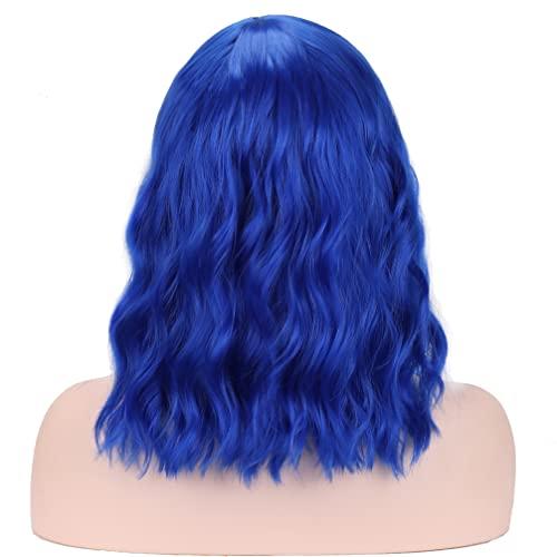 BERON BERON 14 Inches Dark Blue Wig Short Curly Wig Women Girl's Synthetic Wig Blue Wig with Bangs Wig Cap Included
