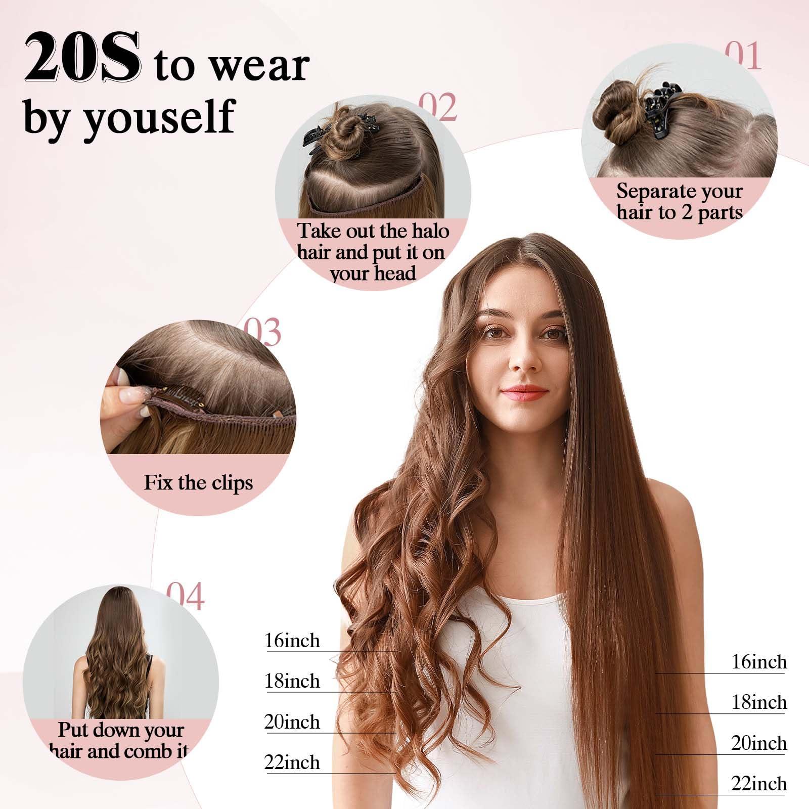 SEGO Halo Hair Extensions Human Hair, SEGO 100% Real Human Hair Extensions Halo, Wire Hair Extensions with Invisible Wire and Clips, Halo Hair Extension for Women, 20Inch Medium Brown Mixed Dark Blonde,70g