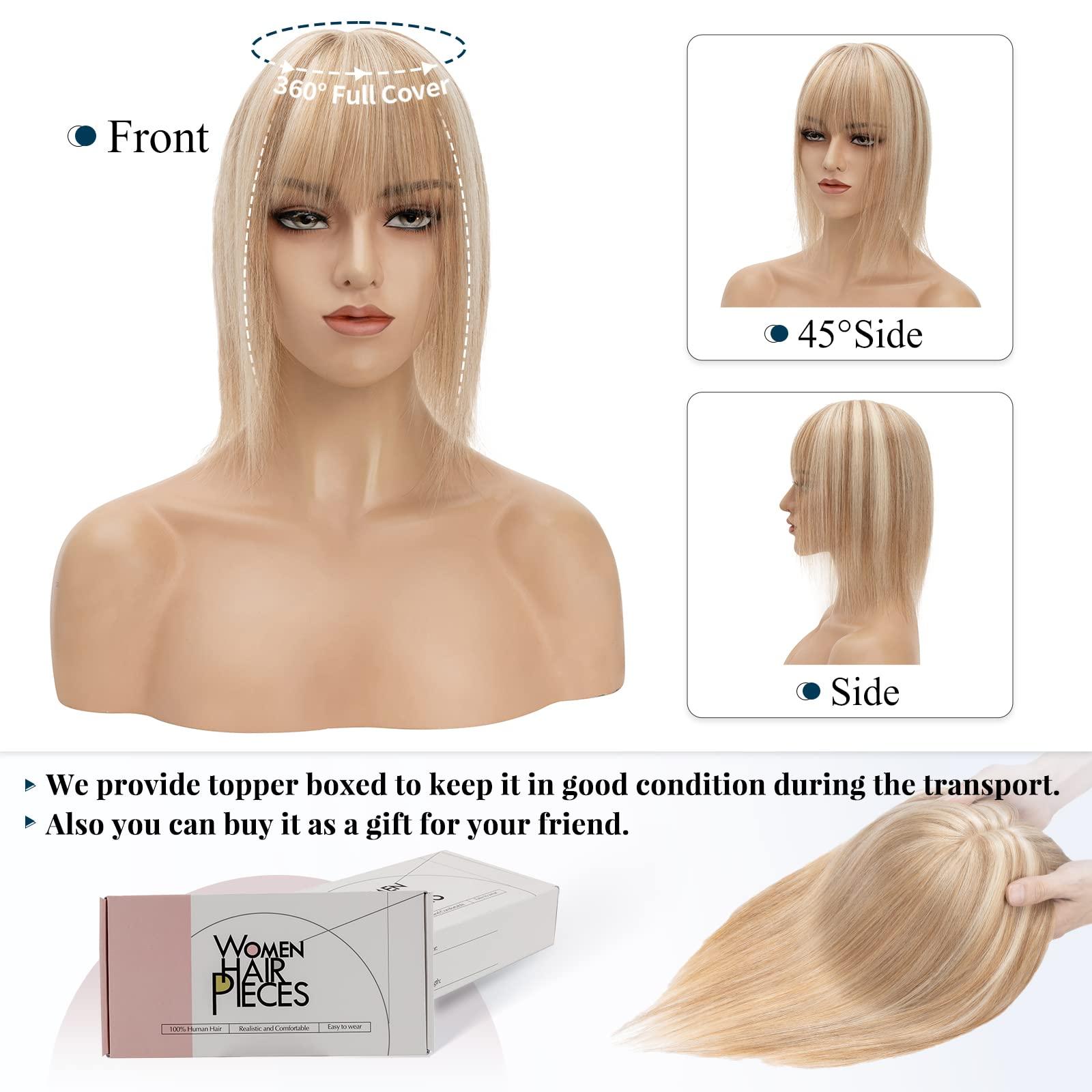 Benehair Benehair Clip in Hair Topper with Bangs Secret Topper Wiglet 100% Human Hair Clip in Top Hairpieces Fringe Bang Replacement Wiglet for Womem with Thinning Hair #27 Dark Blonde 10inch 33g