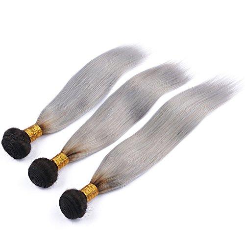 Generic Silver Grey Ombre Straight Human Hair Bundles Dark Roots Virgin Peruvian Human Hair #1B/Grey Ombre Weave Bundles 3Pcs Black to Grey Ombre Virgin Hair Weft Extensions 10-30" (14 16 16)