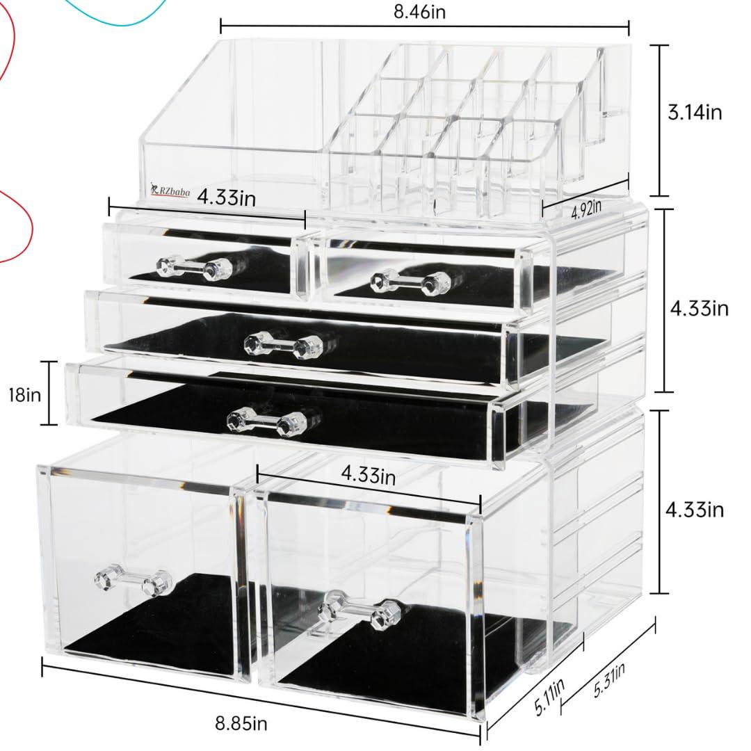 R RZbaba 3 Pack Clear Stackable Makeup Organizer with 6 drawers - Cute Vanity Storage for Cosmetics, Jewelry, Skincare and Hair Clips - Acrylic Countertop Display for Bathroom and Desk - Easy to Clean