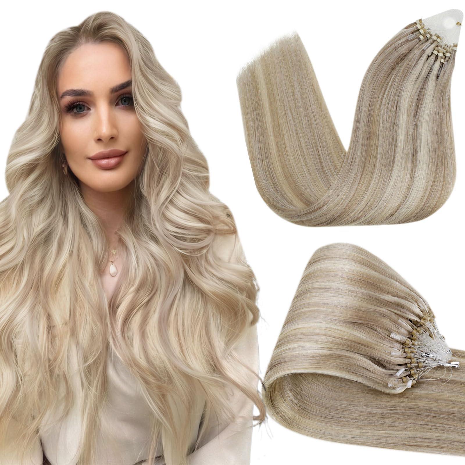 Hetto Hetto Micro Link Hair Extensions Blonde Micro bead Hair Extensions Human Hair Pre Bonded Micro Ring Hair Extensions Remy Hair #17/23 Dirty Blonde Highlight Golden Blonde 12 Inch 40g 50s