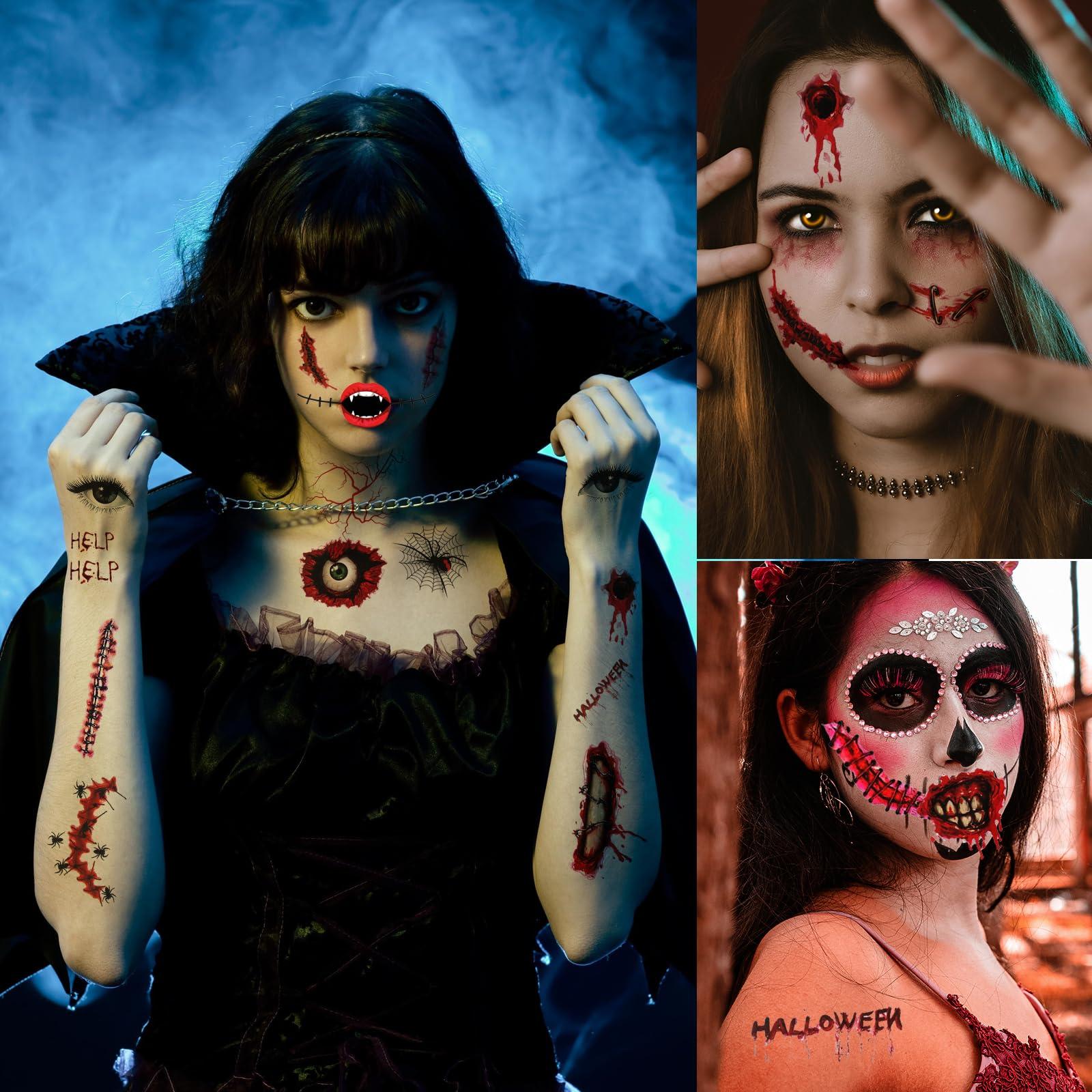 toututu toututu Halloween Horror Makeup Fake Scars Temporary Tattoos - 118 Pcs Realistic Bloody Stitches Wound Tattoo Stickers for Face & Body, Zombie, Chucky, Vampire Cosplay, Pranks & Masquerade Parties