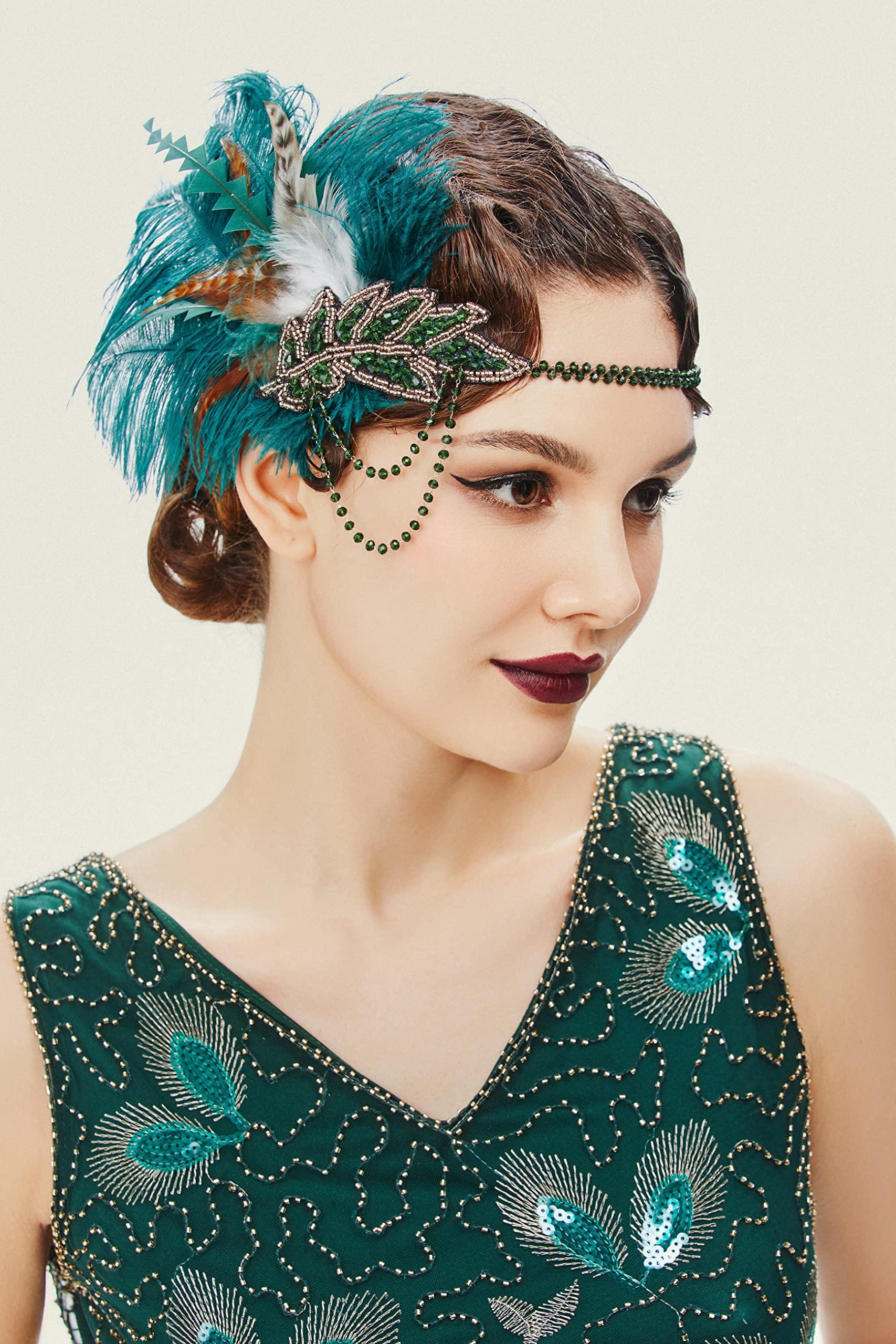 BABEYOND BABEYOND 1920s Headpiece Flapper Headband - Roaring 20\'s Sequined Showgirl Hair Band with Feather (Dark Green)
