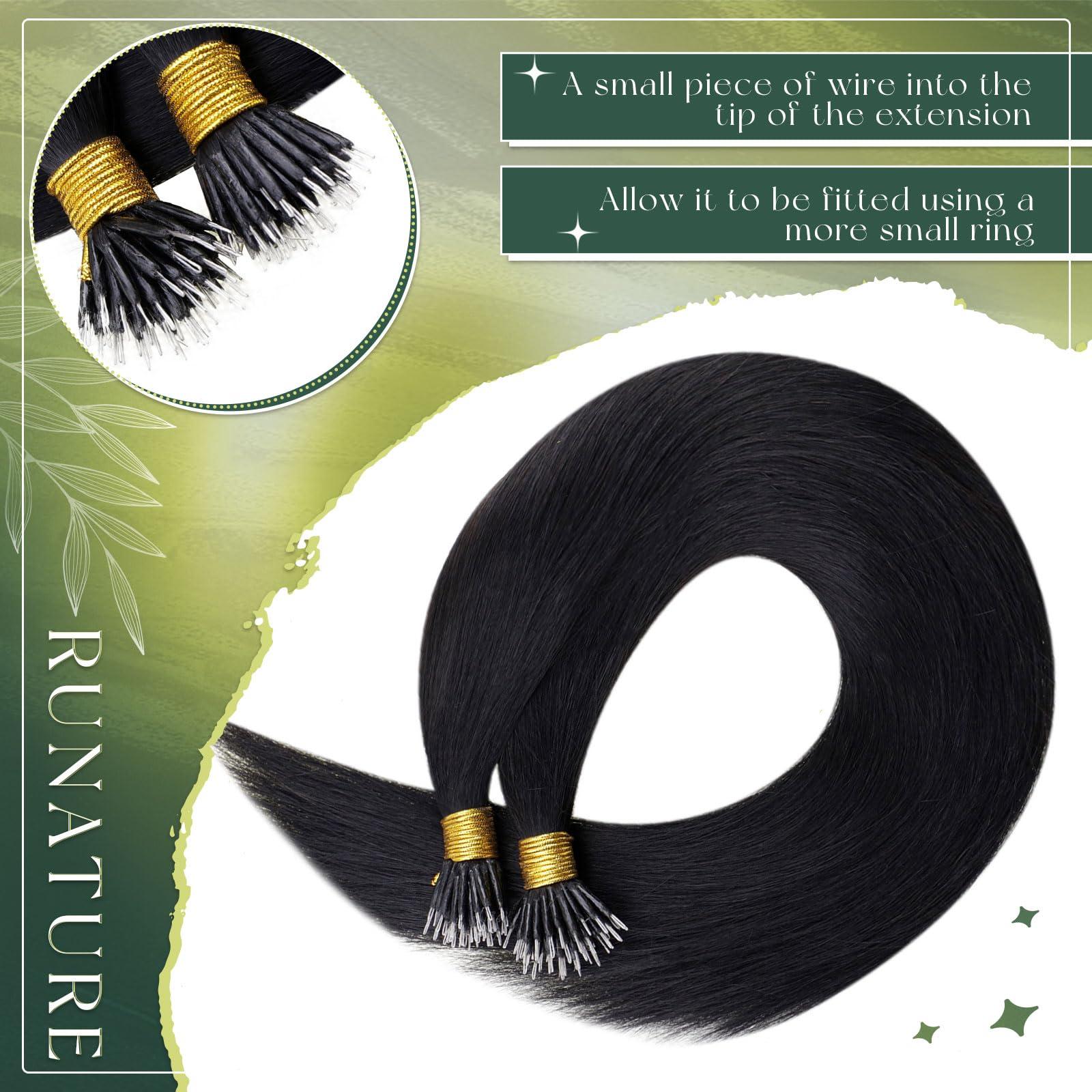 RUNATURE RUNATURE Nano Ring Hair Extensions 20 Inch Nano Bead Hair Extensions Human Hair Nano Hair Extensions Jet Black Brazilian Straight Nano Tip Hair Extensions Real Human Hair Full Ends 50g 50s