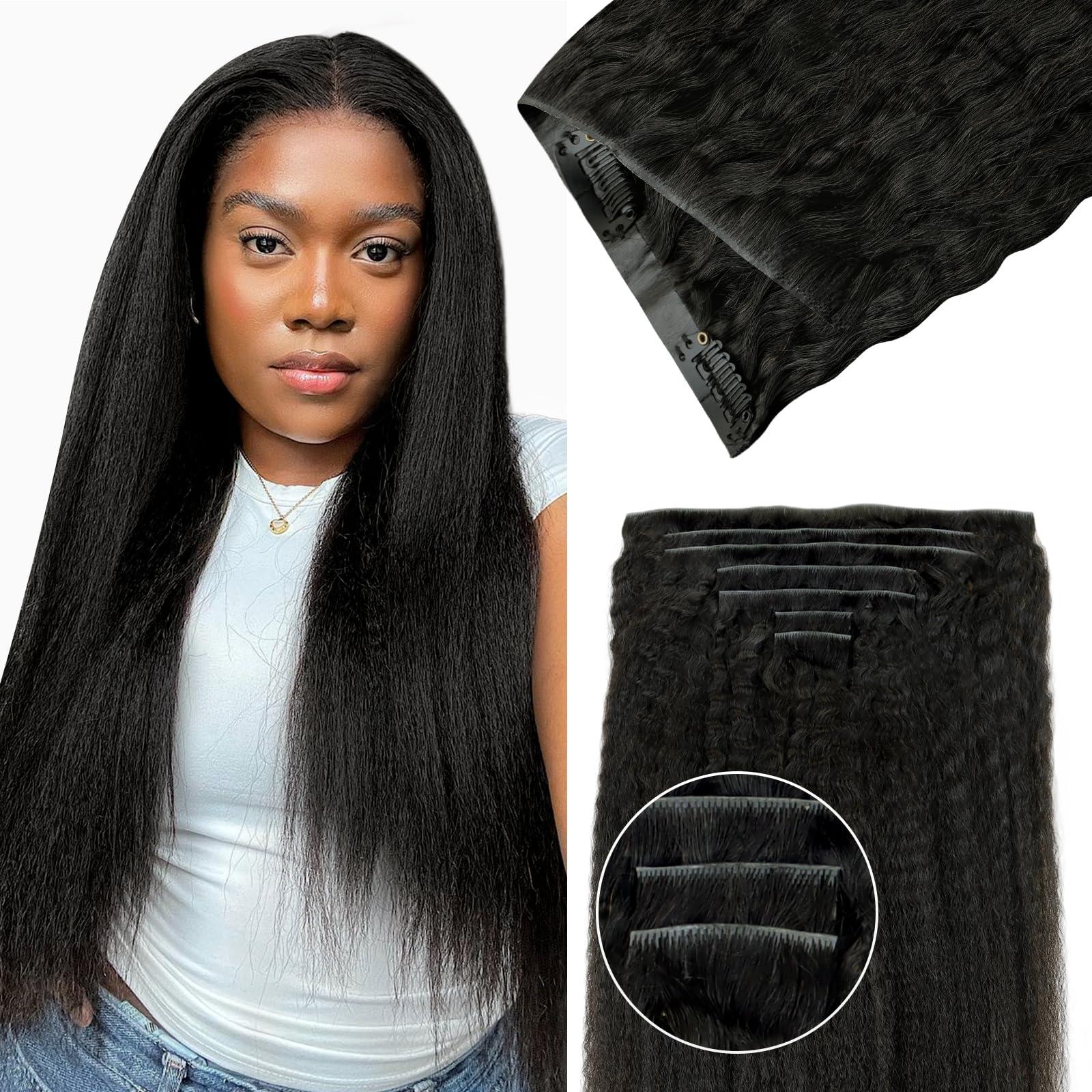 Lashey Lashey Invisi Edge Clip in Hair Extensions, 7pcs 110g 18 Inch Natural Black Seamless Clip in Hair Extensions Human Hair Kinky Straight Real Remy Human Hair