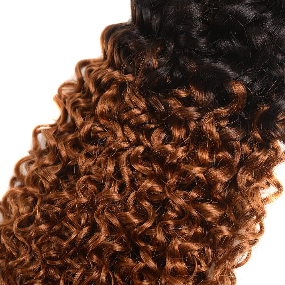 LadrXadr 1B/30 Kinky Curly Bundles Ombre Brown Human Hair Bundles Mixed Length 3 Bundles 20 22 24 Inch Two Tone Black and Brown Bundle Ombre Kinky Curly Bundles Hair Extensions for Women