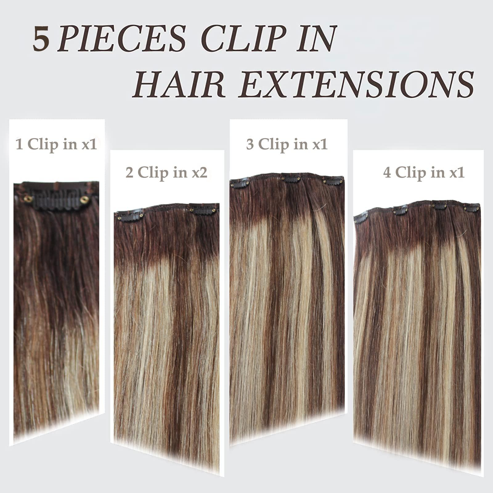 OiMiGO Human Hair Extensions Clip in, 5pcs 70g Chocolate Brown to Strawberry Blonde, OiMiGO Ombre Clip ins Hair Extensions Real Human Hair Straight Natural Hair Extensions with 12 Clips (#4T4P27,22Inch)