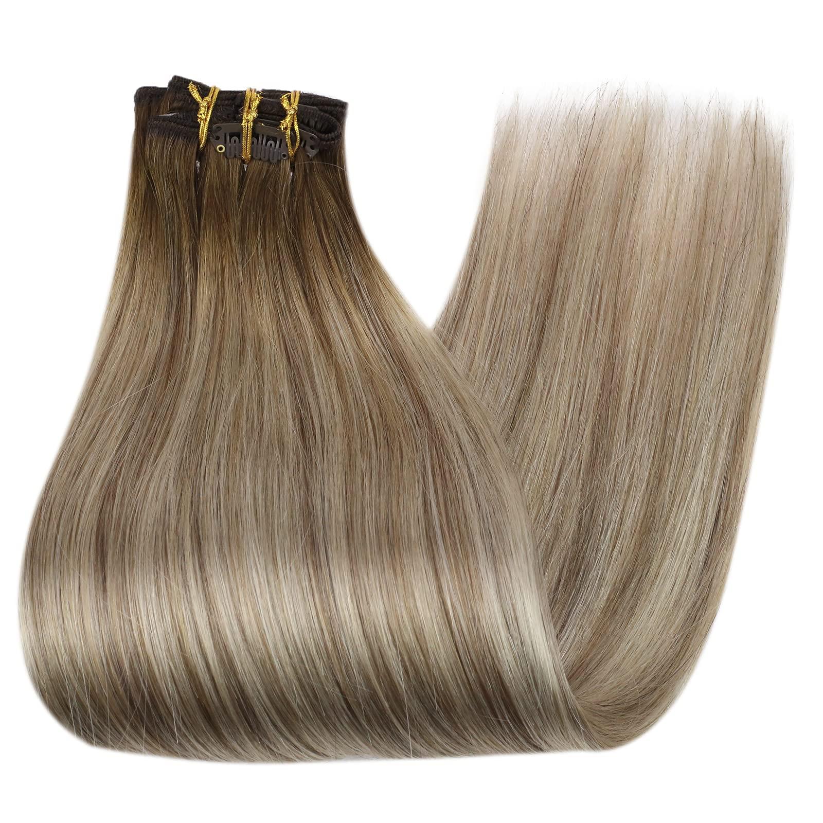 Full Shine Full Shine Balayage Brown Human Hair Clip in Extensions 20 inch Dark Brown to Light Brown Mix Blonde Balayage Clip in Hair Extensions Straight Real Hair Extensions Double Weft 7pcs/120g