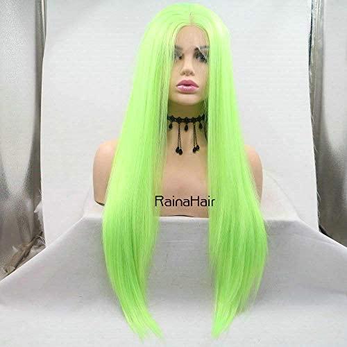 RainaHair Green Lace Front Wigs Straight Light Green Synthetic Hair Natural Heat Resistant Hair Wigs Half Hand Tied Wigs for Cosplay Daily Wear (24 Inch, Greenst/lace front wig)