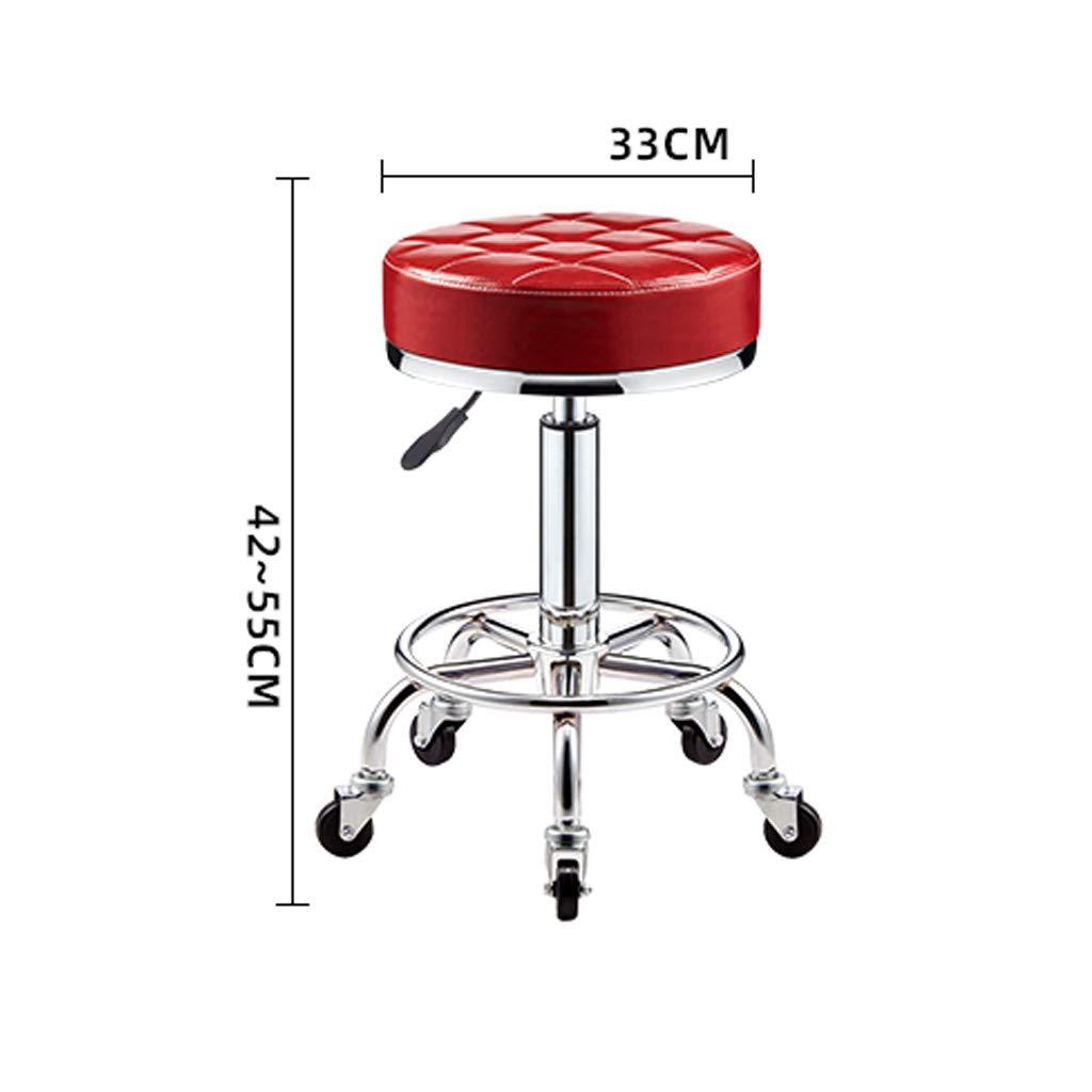 ZHOUXIAO Ottoman Rolling Stool with Wheels, Swivel Height Adjustment Stool,PU Leather Thick Seat Chair Stool Spa Drafting Salon Tattoo Work Office Massage Stools (red)