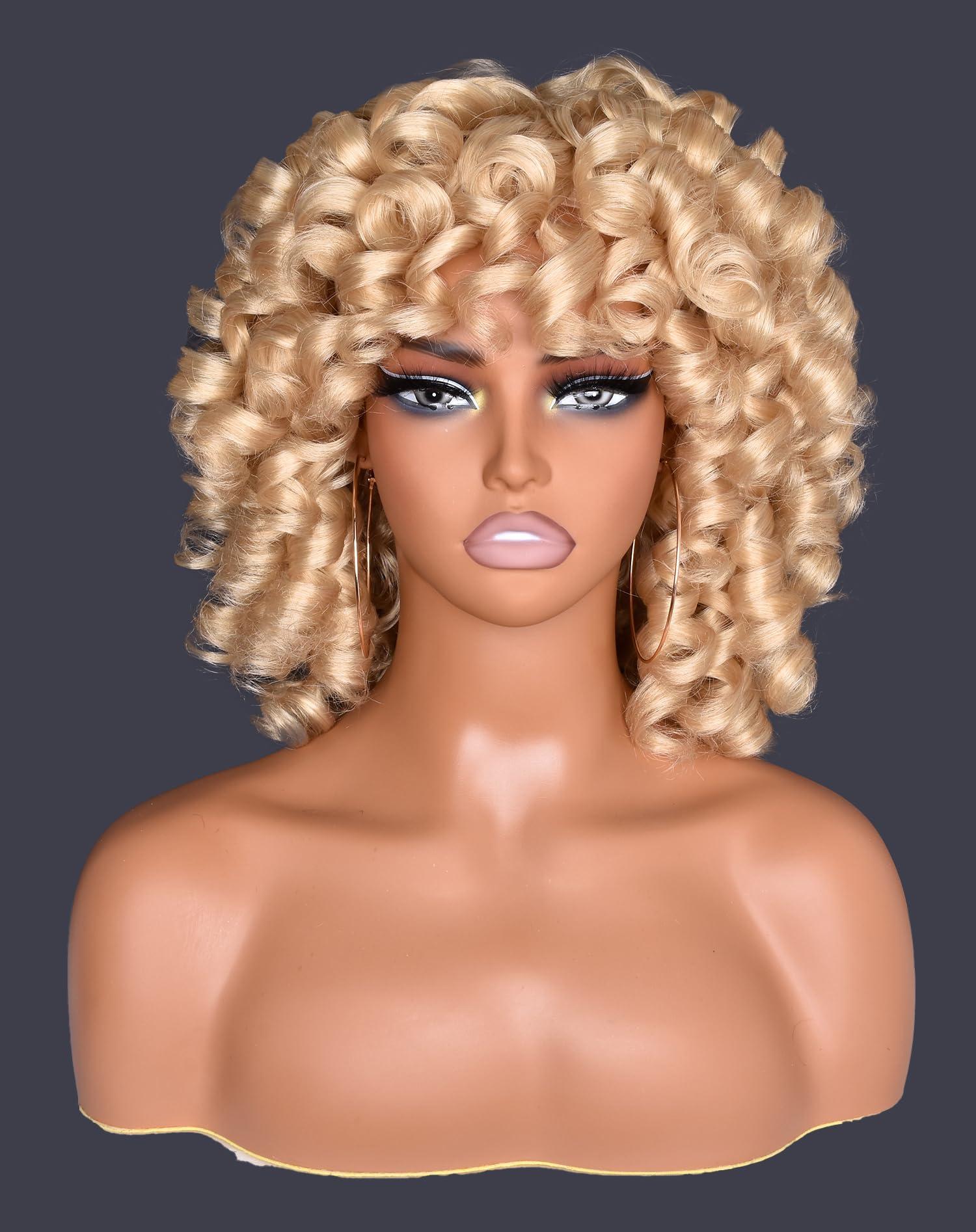 CurlCOO CurlCOO Blonde Curly Wigs for Black Women Short Curly Wig with Bangs Soft Big Loose Cute Afro Kinky Curly Hair 14 Inch Synthetic Wig for Black Women(Blonde)
