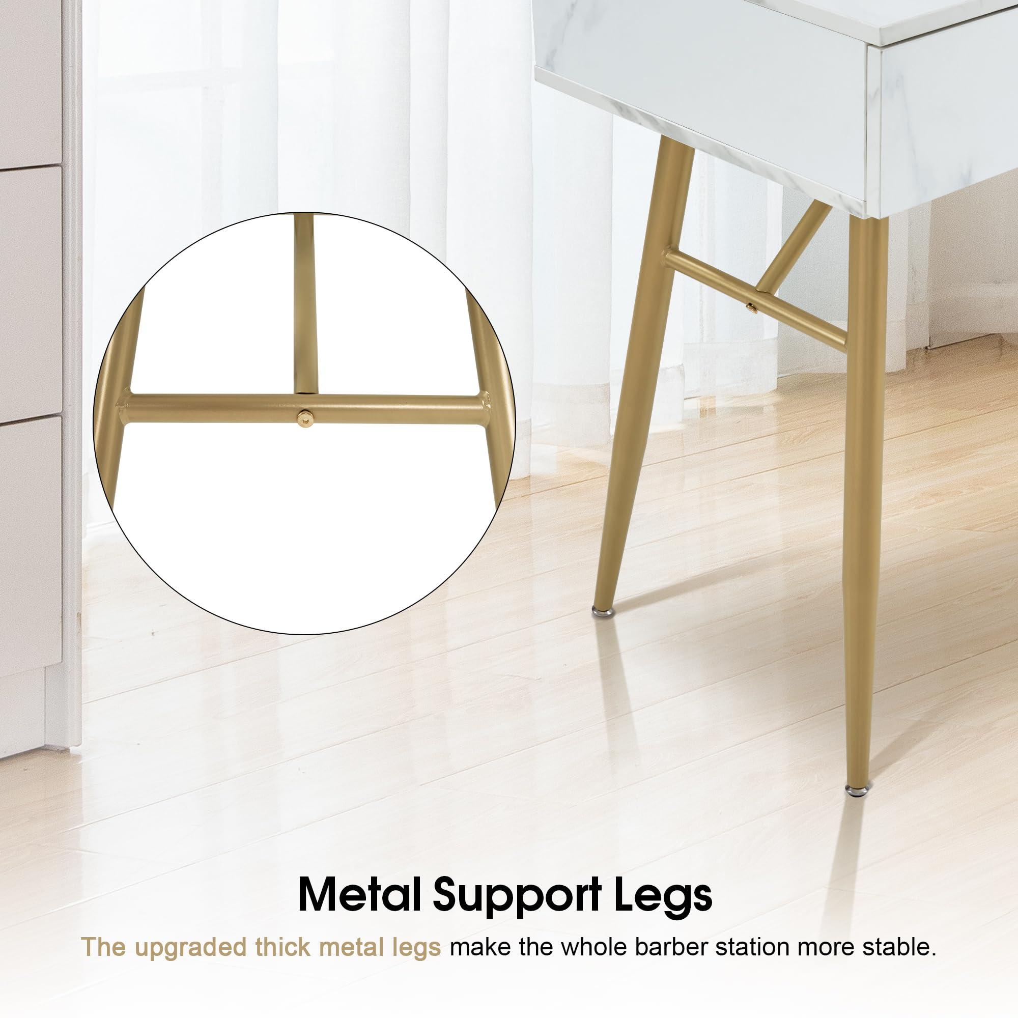 BarberPub BarberPub Salon Spa Station for Hair Stylist, Barber Station with Metal Support Legs and Golden Handles, Wall Mount Styling Cabinet, Beauty Storage Organizer 3174 (White)