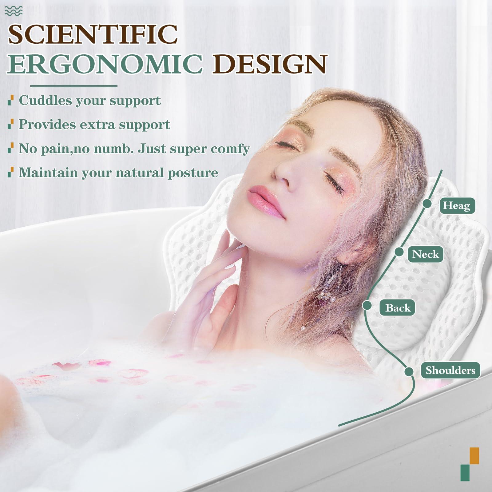 RUVINCE Bath Pillow RUVINCE Ergonomic Luxury Bathtub Pillow with Head,Neck, Shoulder and Back Support, 4D Bath Pillows for tub with 6 Powerful Suction Cups, Fits All Bathtub
