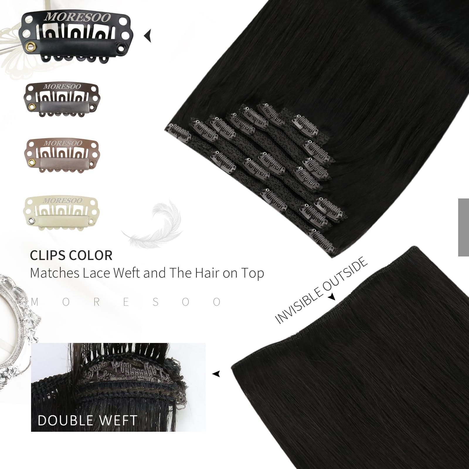 Moresoo Moresoo Clip in Hair Extensions Black Double Weft Human Hair Clip in Extensions Off Black Hair Extensions Clip in Human Hair Natural Black #1B 18 Inch 7pcs 120grams