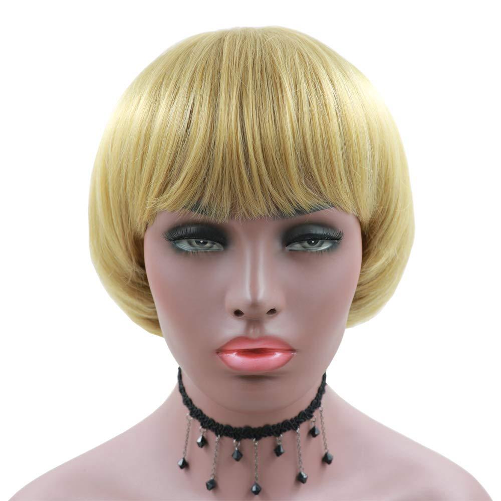 NEWPECK NEWPECK Girls Golden Mushroom Wig Short Bob Wig With Bangs Blonde Bowl Cut Wig Cap For Women