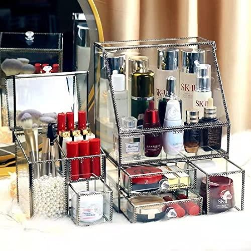 Hersoo Stackable 3Pieces Drawer Set Glass Makeup Organizer Antique Countertop Vanity Cosmetic Storage Box Mirror Glass Beauty Display, Holder for Brushes Lipsticks Skincare Toner with free Pearl (Brass)