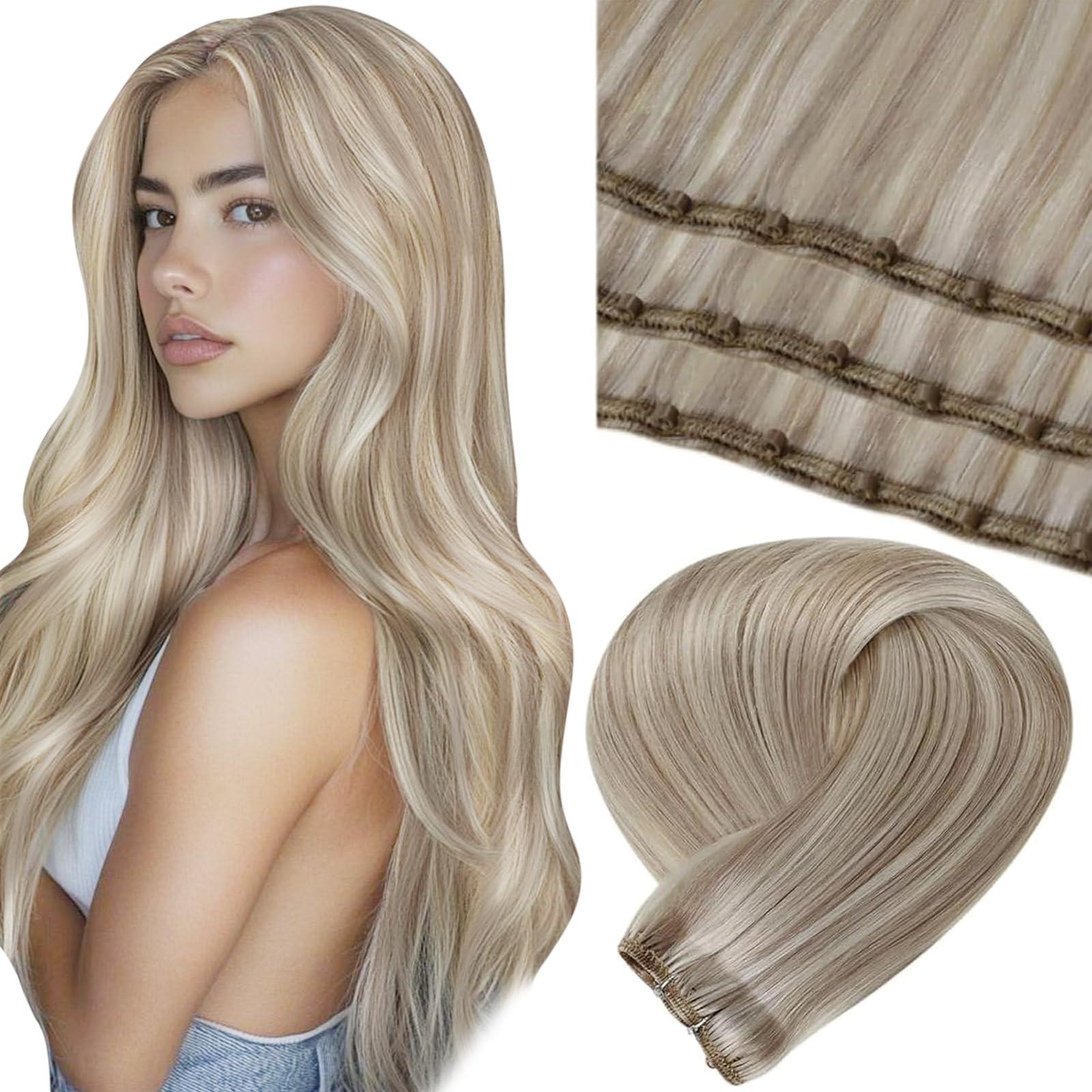 LAAVOO LaaVoo Beaded Weft Hair Extensions Ash Blonde Bead Hair Extensions Real Human Hair Weft Hair Extensions Bleach Blonde with Ash Blonde with Micro Beaded 22inch 50g