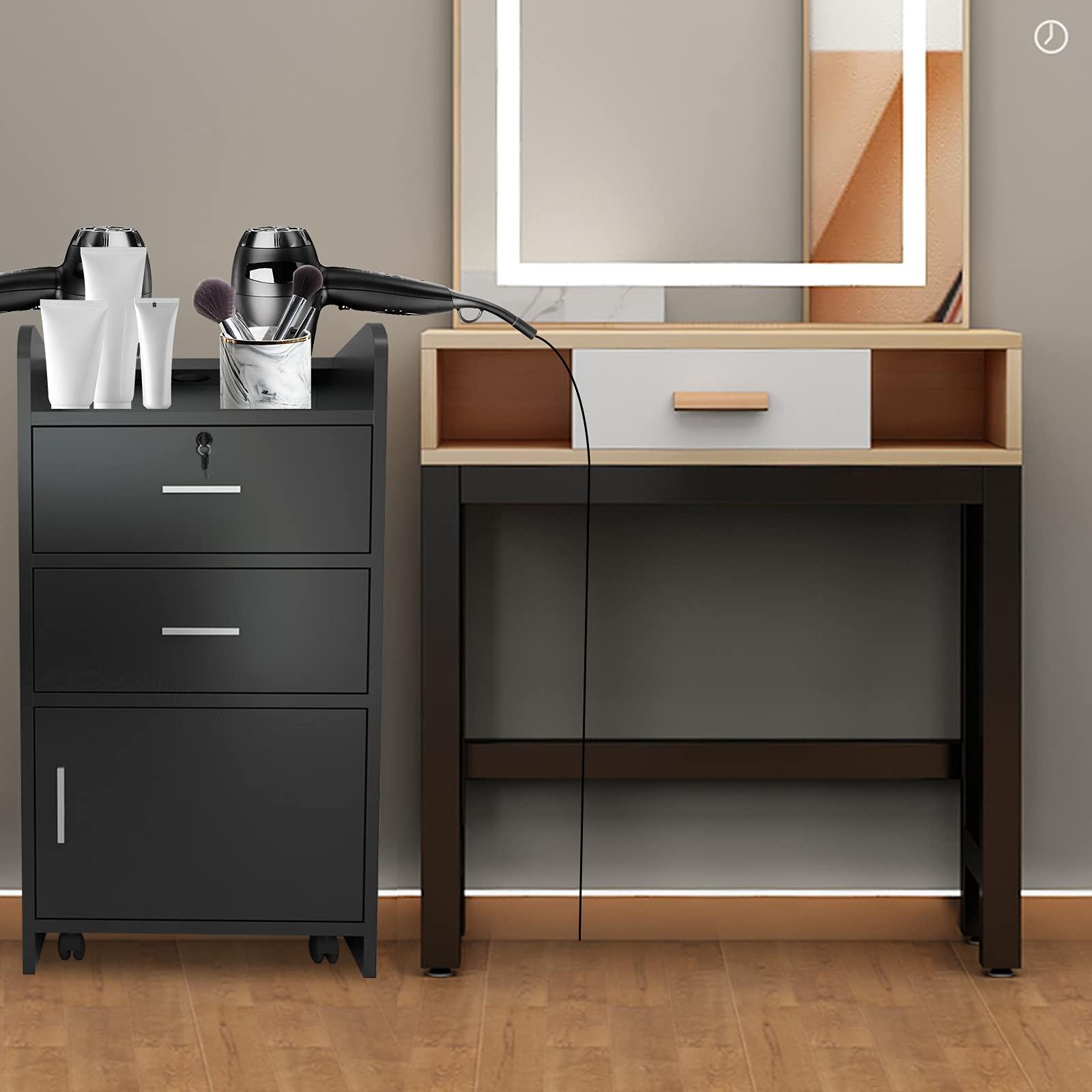 SSLine SSLine Beauty Salon Storage Cabinet w/2 Drawers Styling Station,Beauty Salon Side Table Spa Storage Cabinet Trolley Stations Barber Salon Equipment w/1 Cabinet (Black)