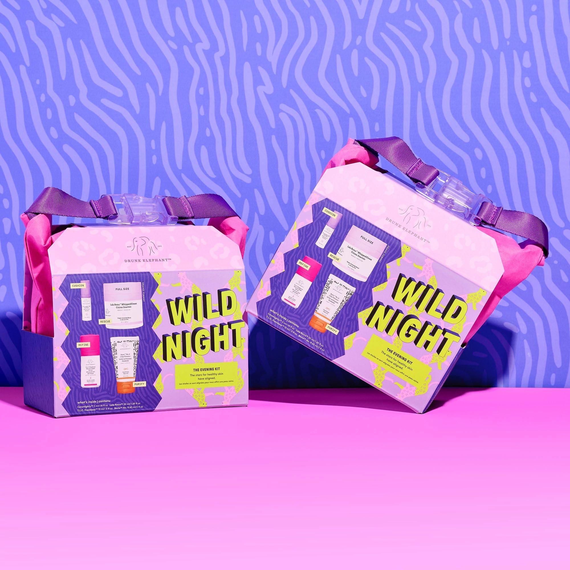 Drunk Elephant Drunk Elephant Wild Night: The Evening Kit: includes Lala Retro Whipped Cream, T.L.C. Framboos Glycolic Night Serum, Ceramighty AF Eye Balm, and Beste No. 9 Jelly Cleanser